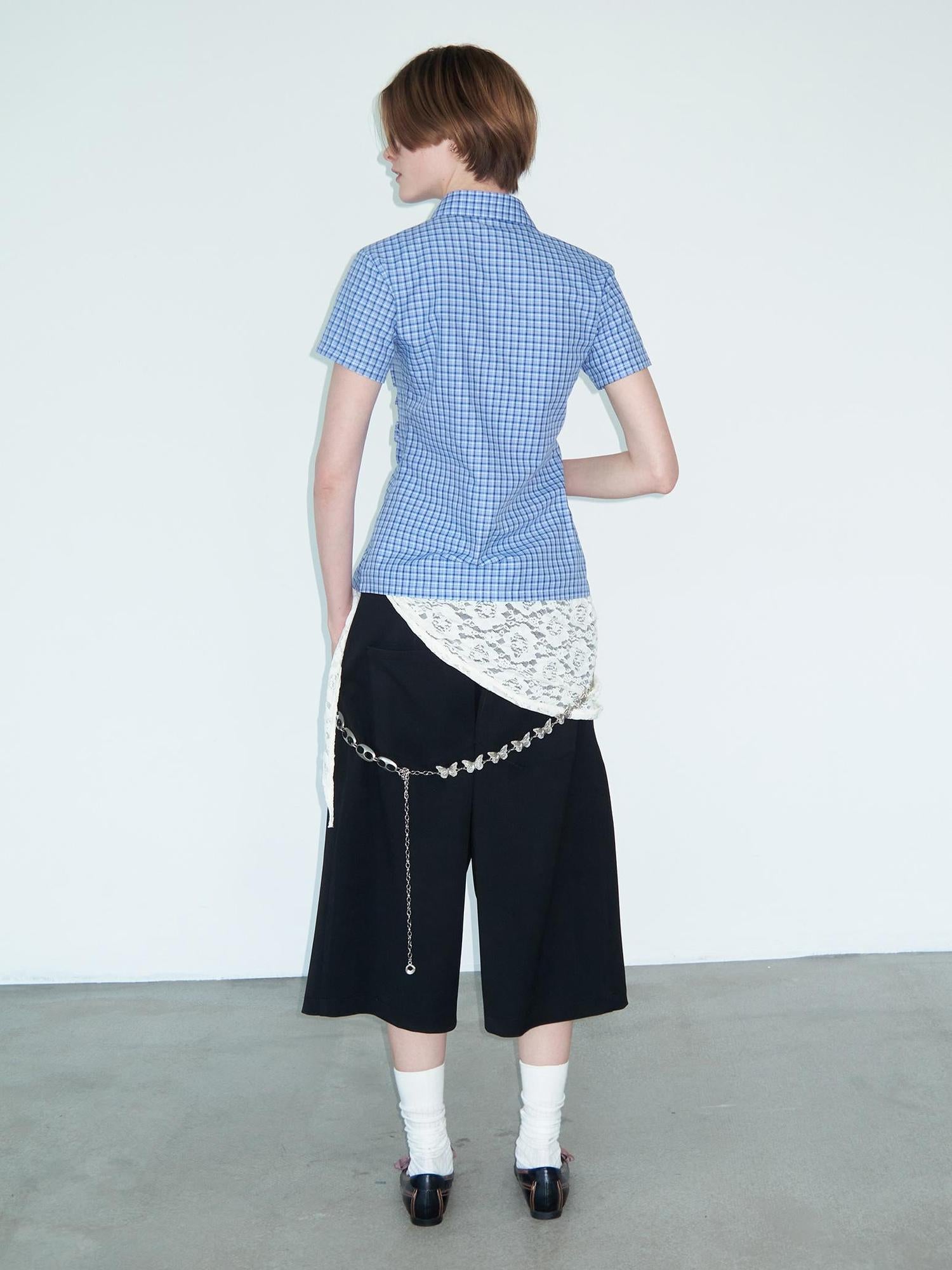 Delivery Ruffle Lace Trim Blue Check Slim Fit Short Sleeve Shirt