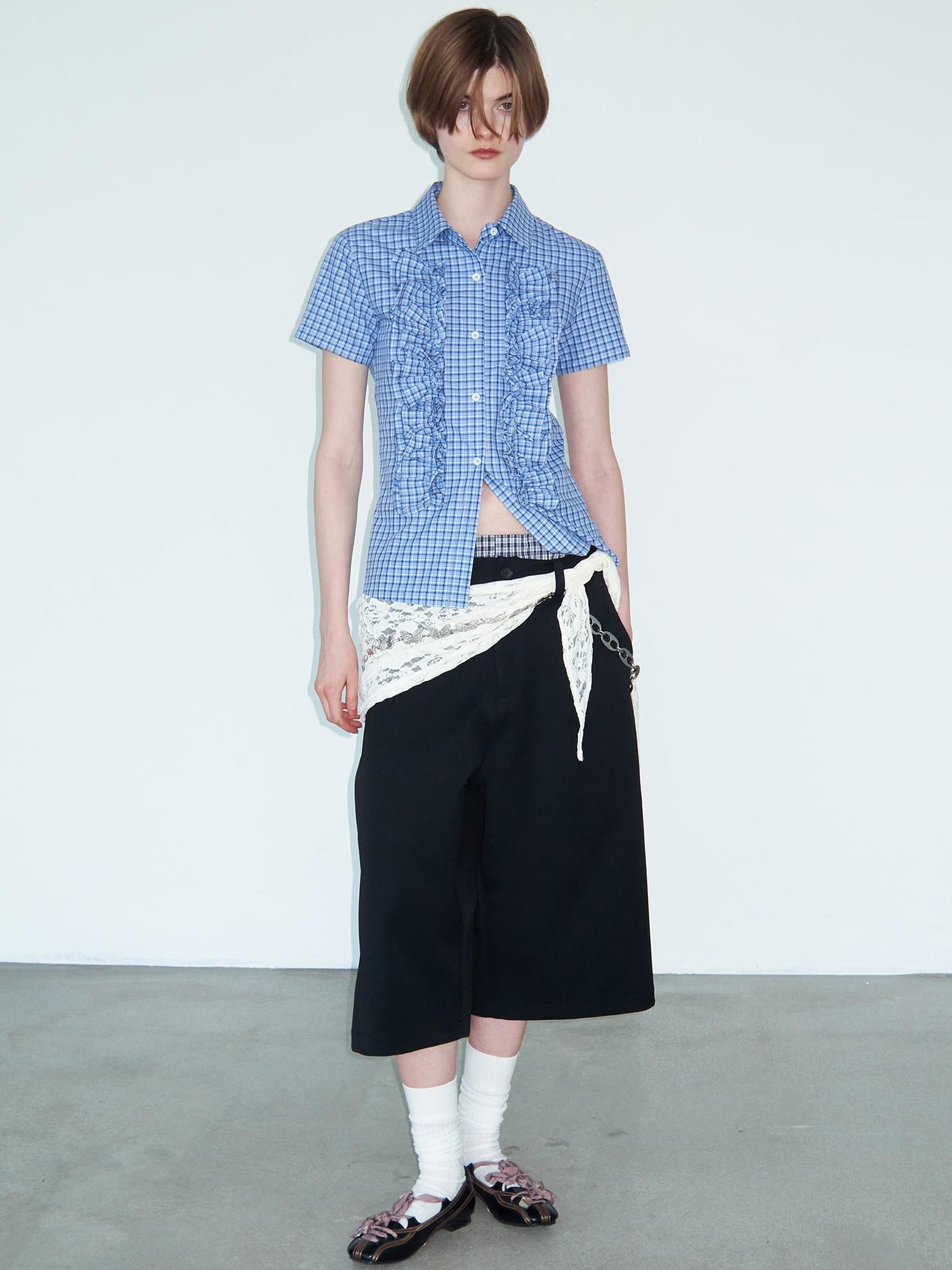 Delivery Ruffle Lace Trim Blue Check Slim Fit Short Sleeve Shirt