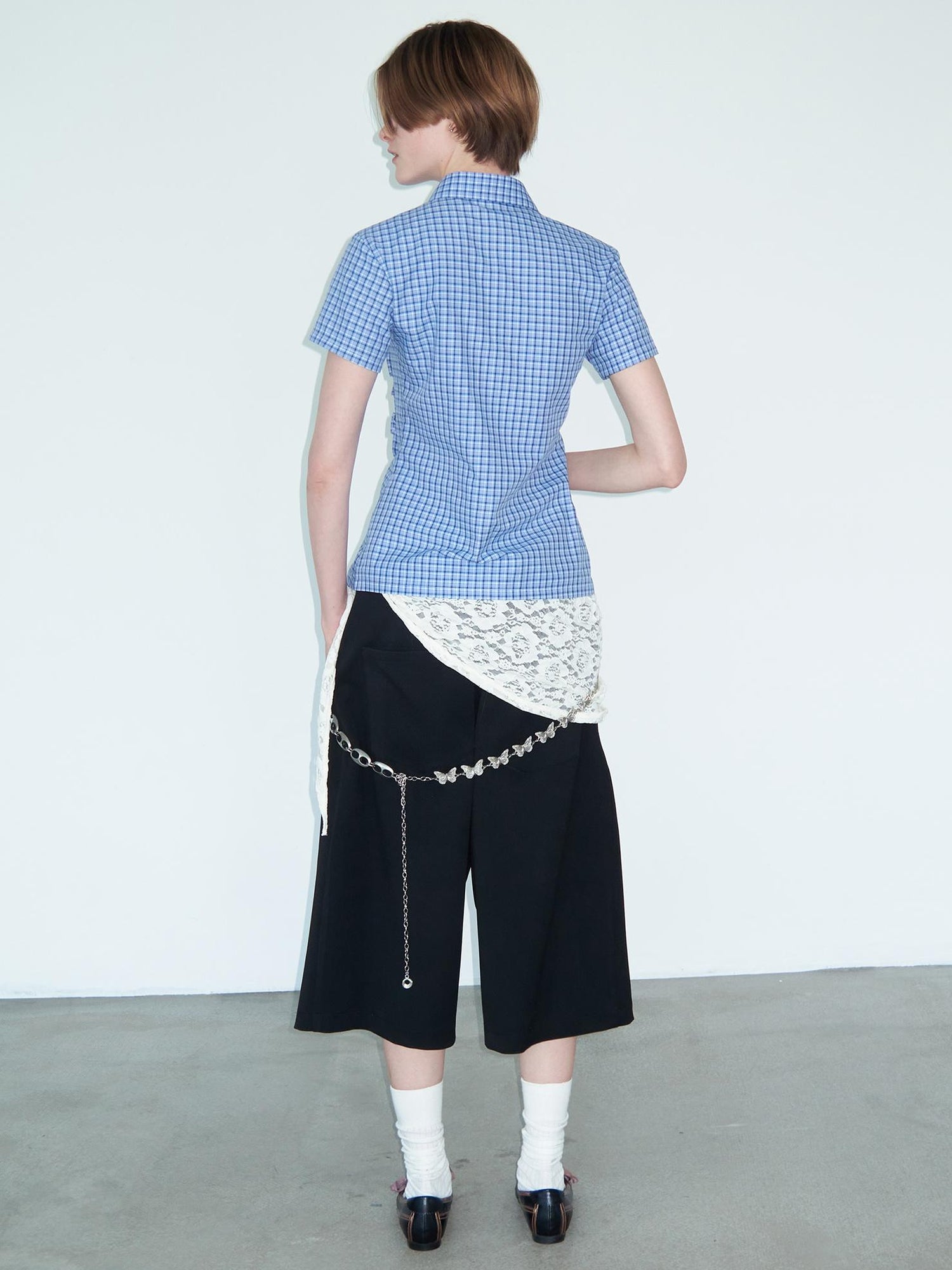 Delivery Ruffle Lace Trim Blue Check Slim Fit Short Sleeve Shirt