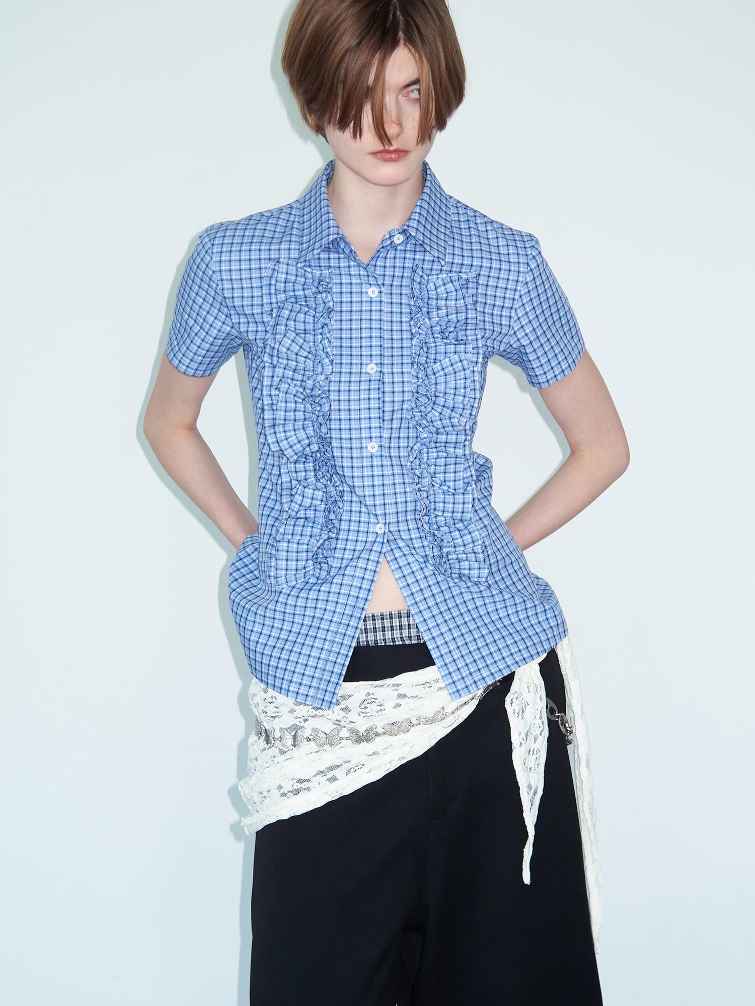 Delivery Ruffle Lace Trim Blue Check Slim Fit Short Sleeve Shirt