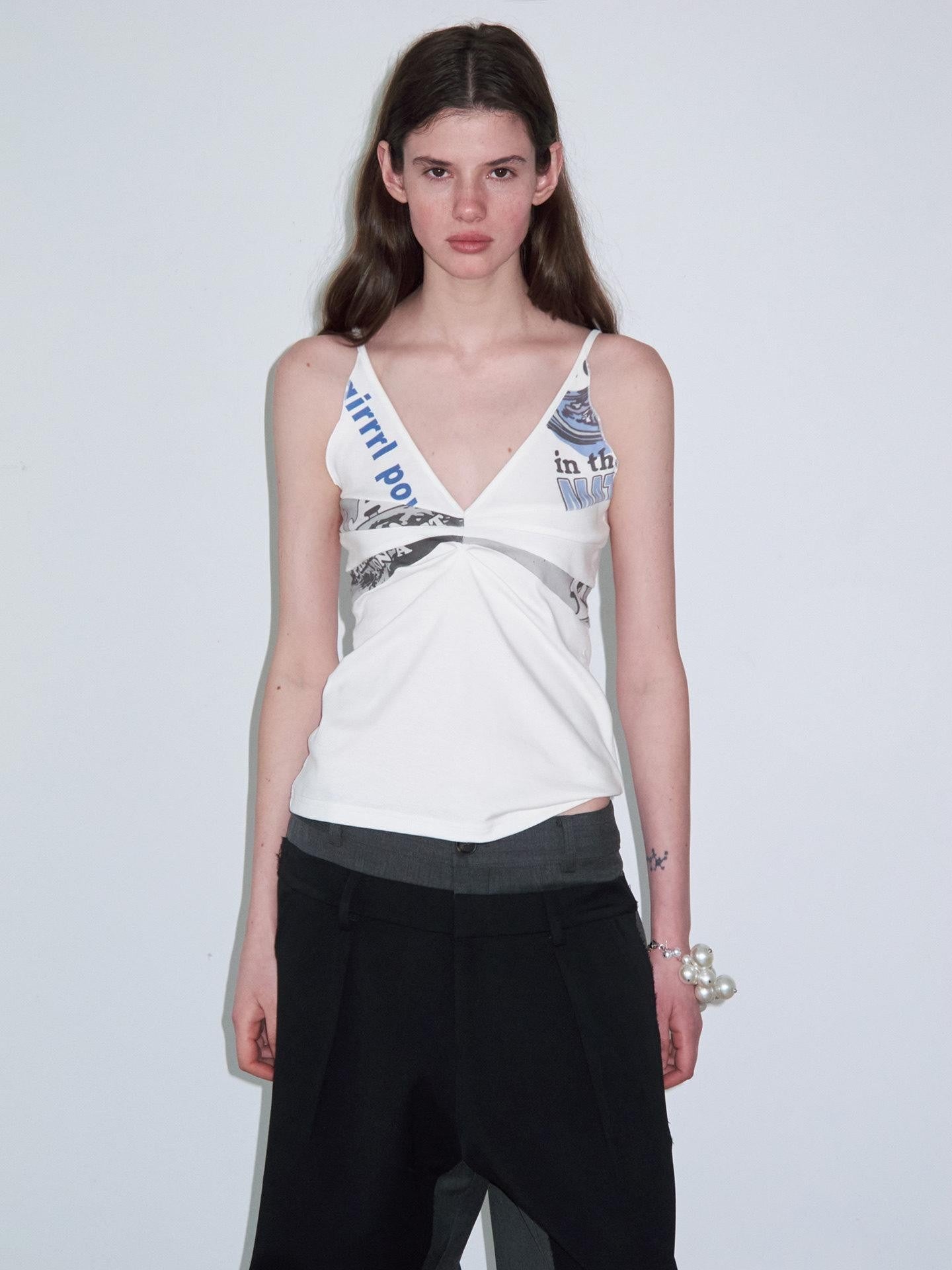 Delivery Scalloped V-neck Deconstructed Patchwork Vintage Letter Print Women&