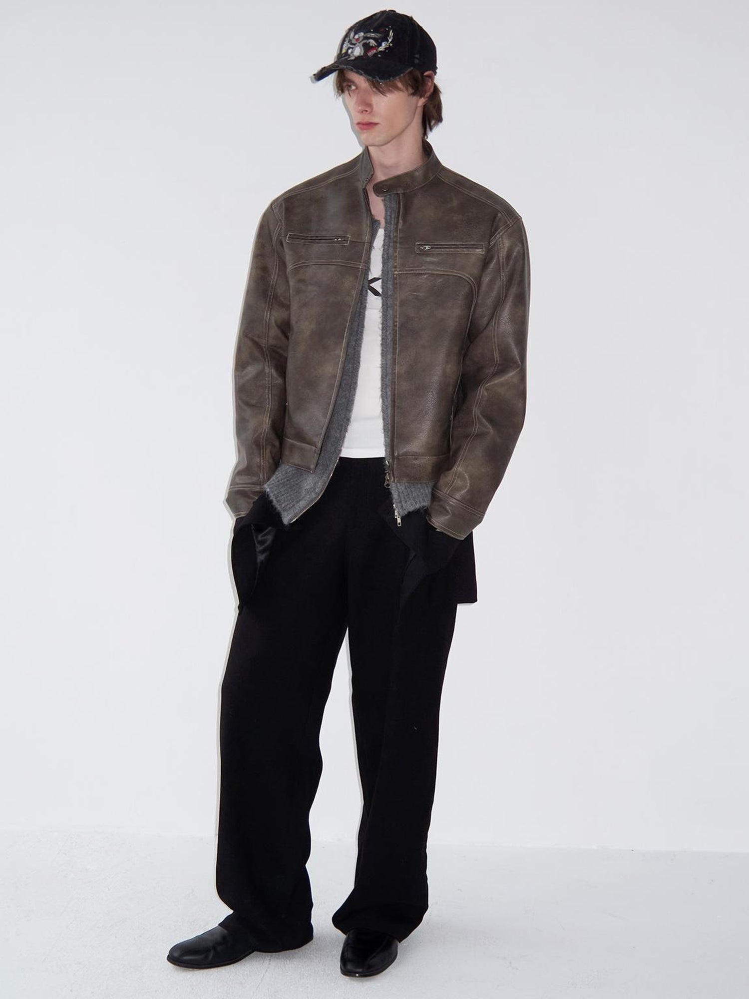 Delivery Short Pu Biker Jacket With Stand Collar