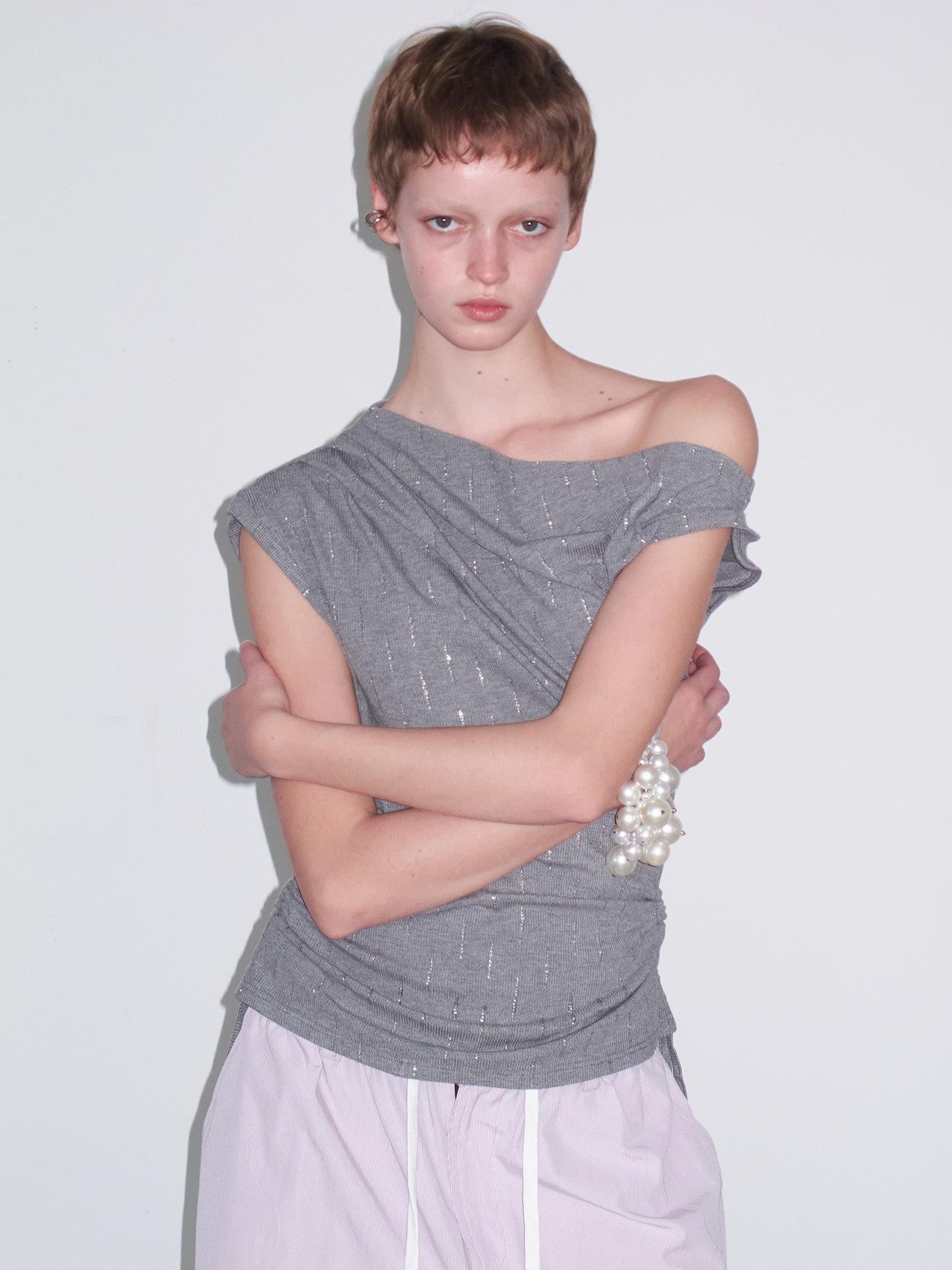Delivery Silver Rhinestone Asymmetrical Ruched Drawstring Women&