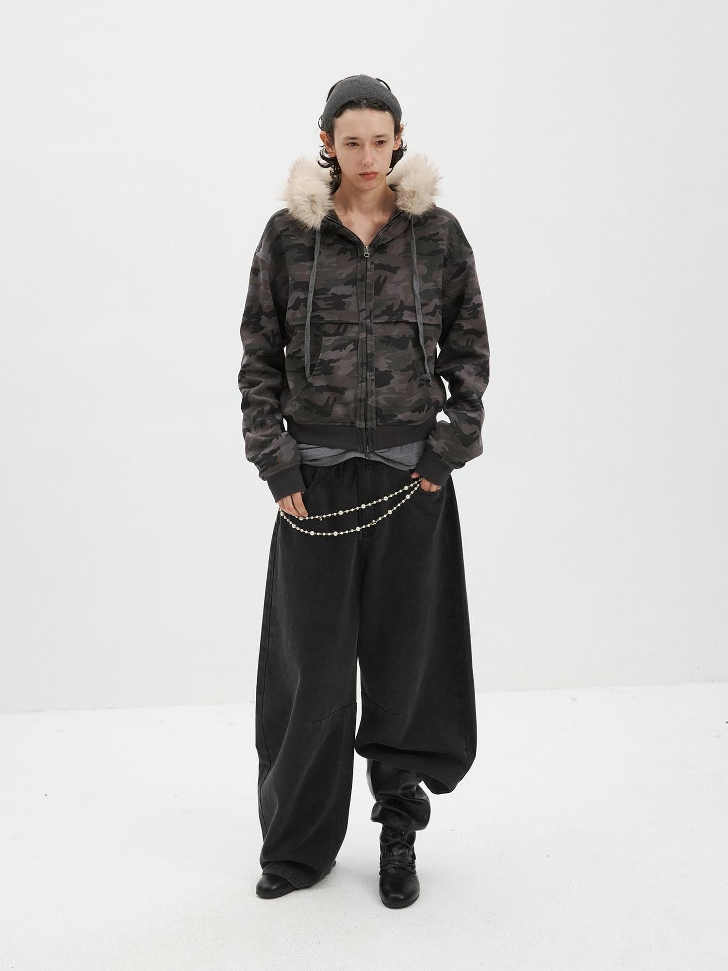 Delivery Spliced Camouflage Frayed Placket Hooded Fur Collar Women&