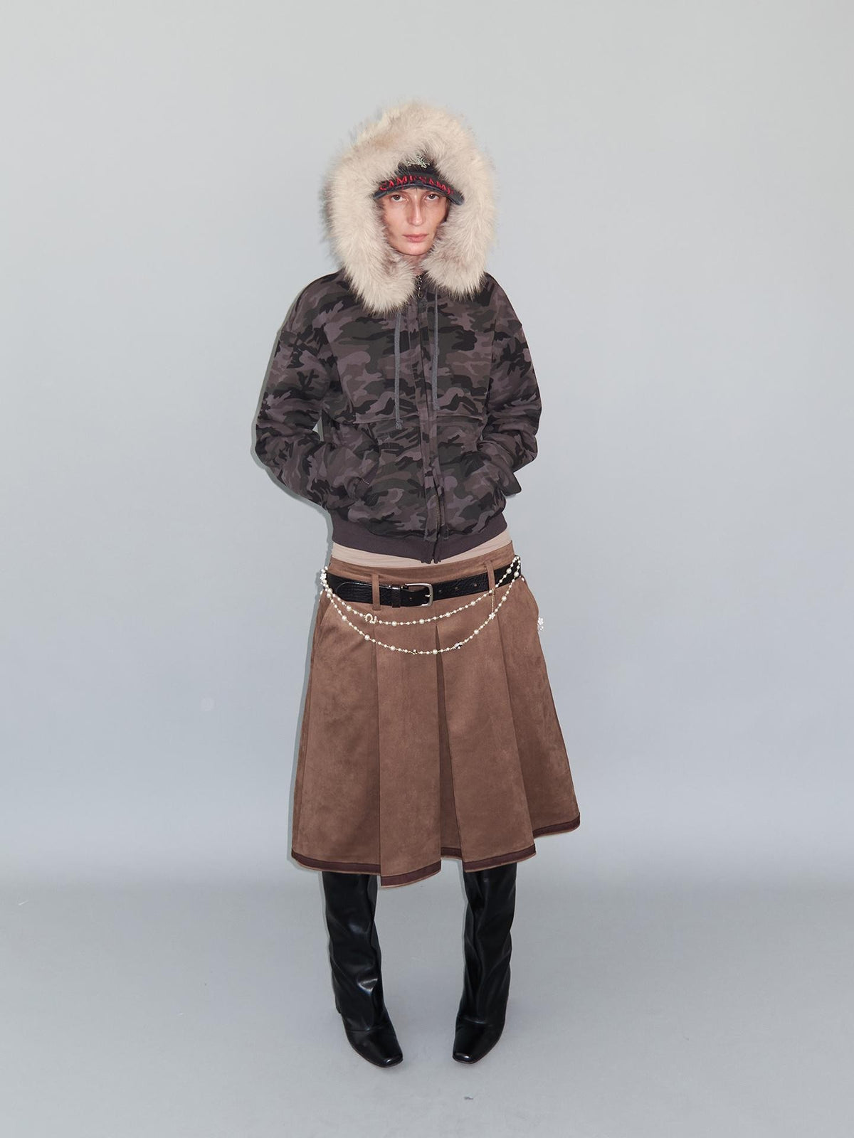Delivery Spliced Camouflage Frayed Placket Hooded Fur Collar Women&