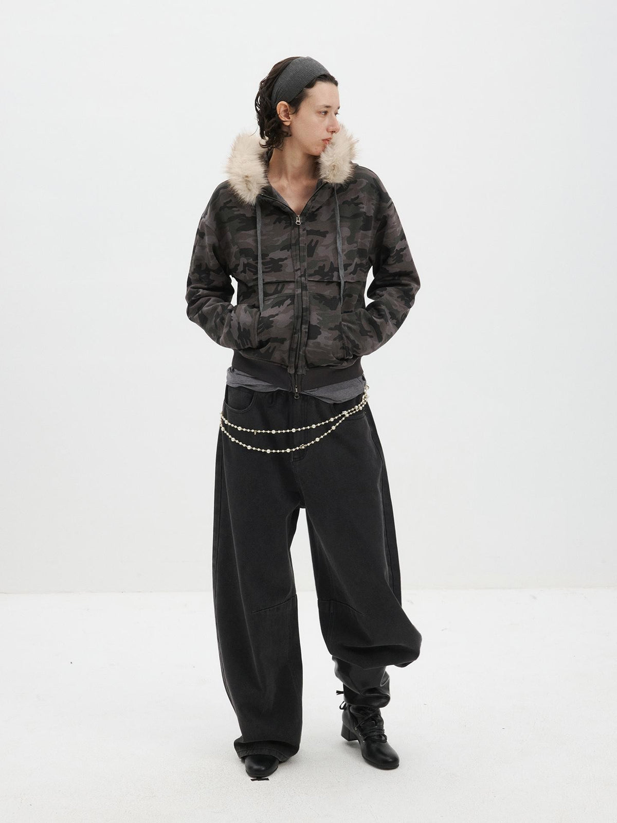Delivery Spliced Camouflage Frayed Placket Hooded Fur Collar Women&