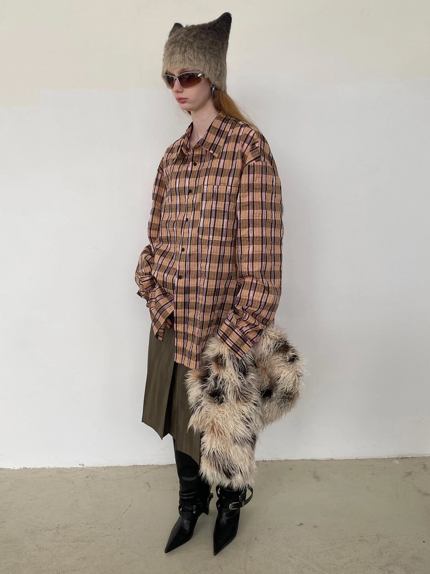 Textured Bubble Yarn Checkered Shirt With Sheen