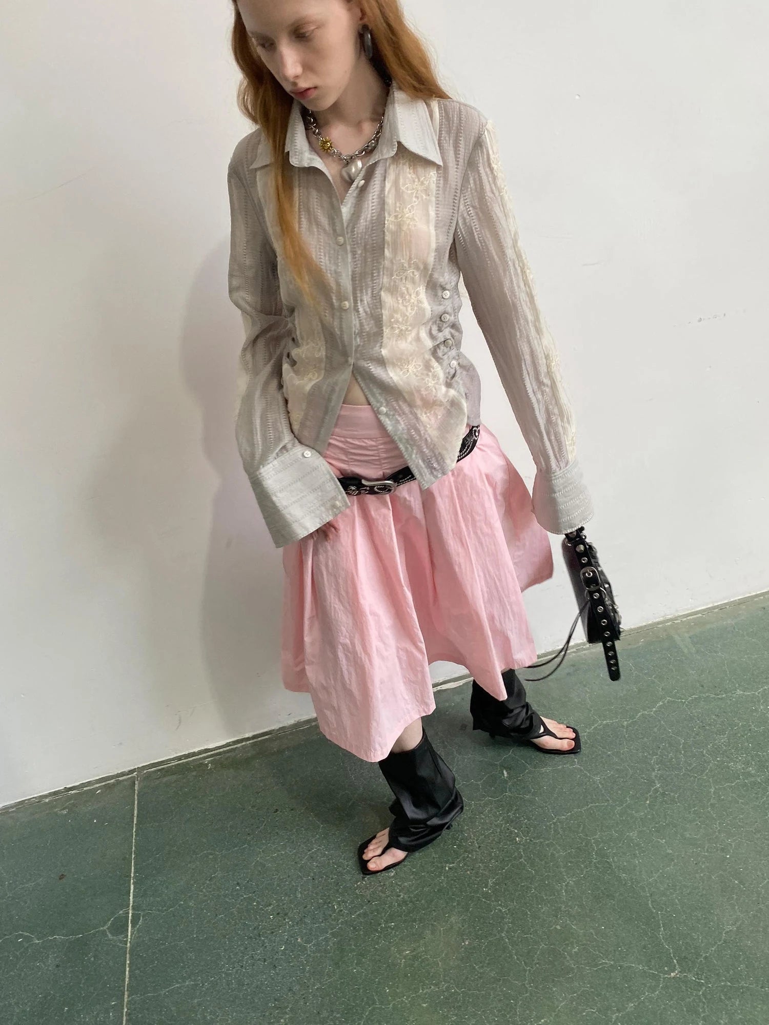 Textured Linen Blend Embroidered Slim Shirt