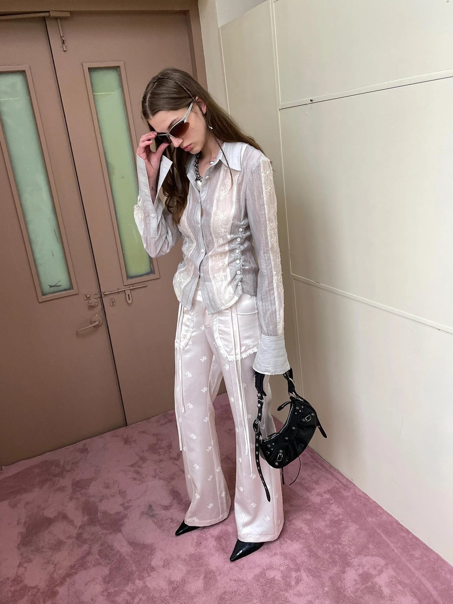 Textured Linen Blend Embroidered Slim Shirt