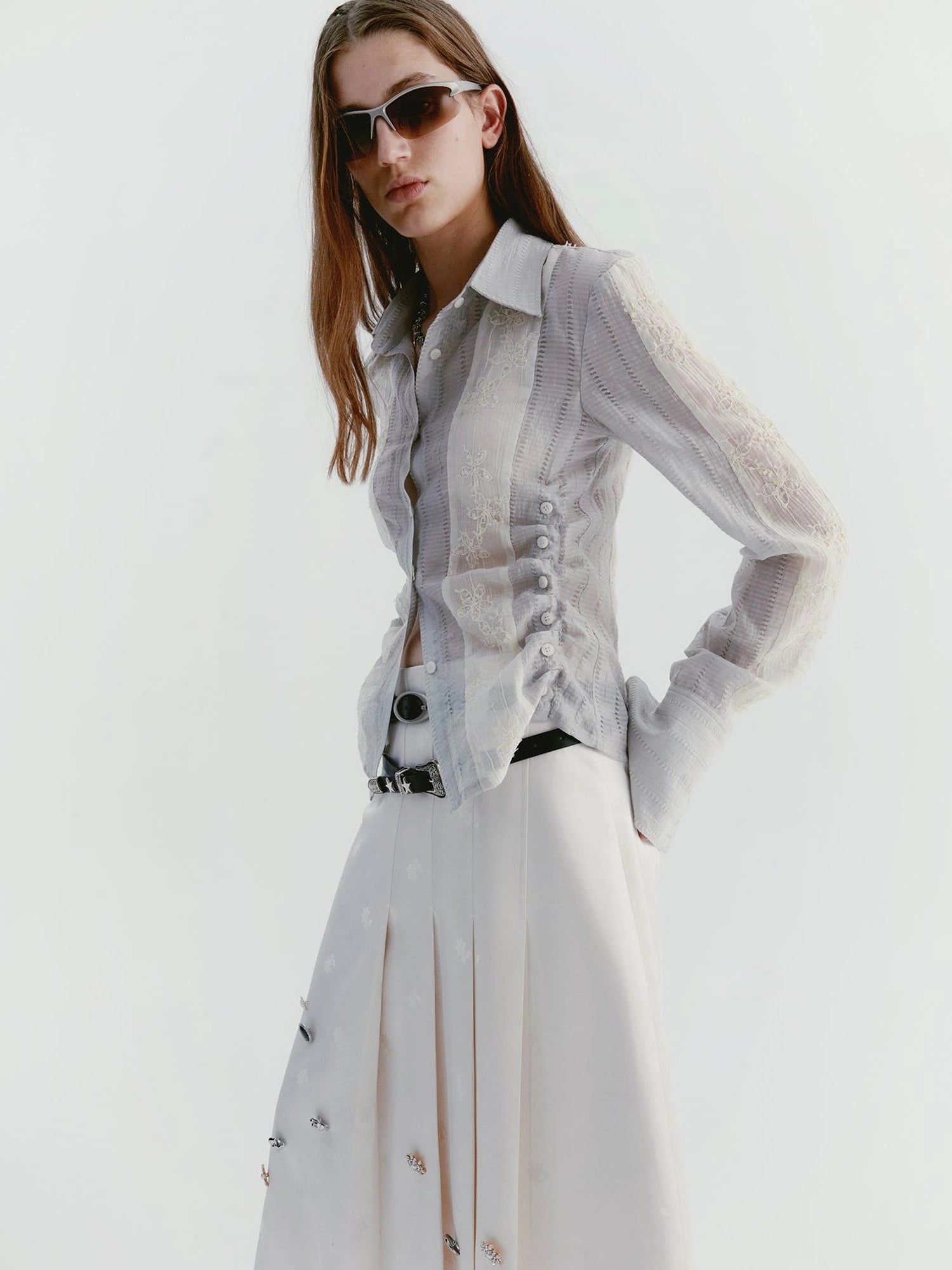 Textured Linen Blend Embroidered Slim Shirt