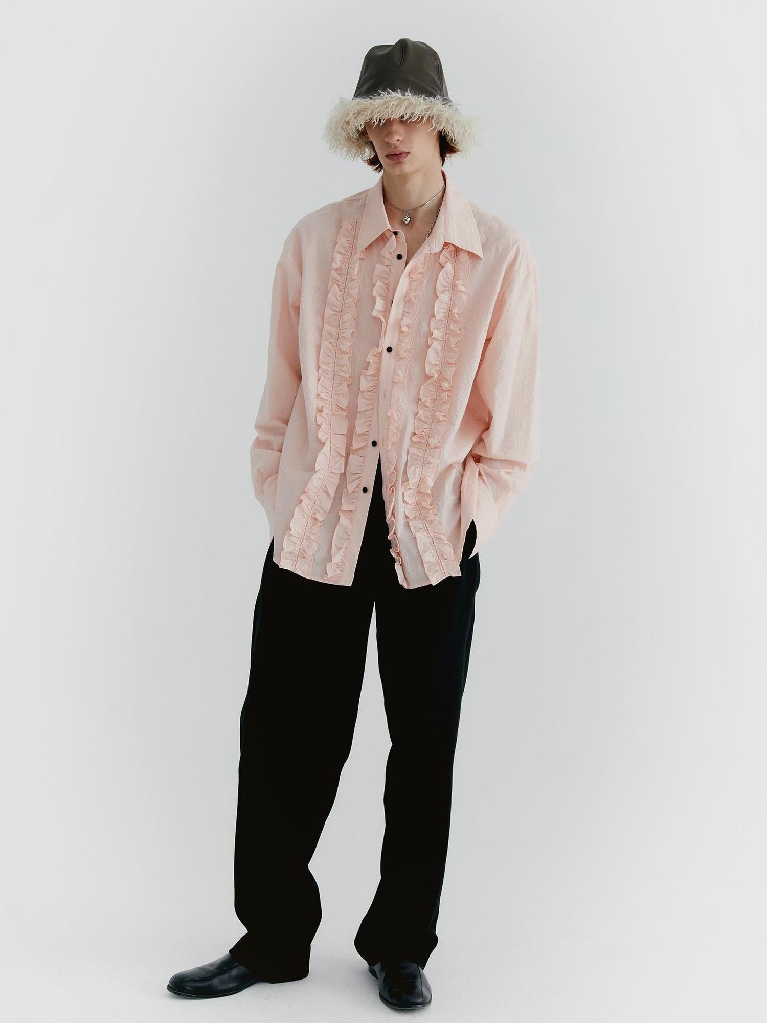 Delivery Textured Ruffle Hem Blouse In Pale Pink