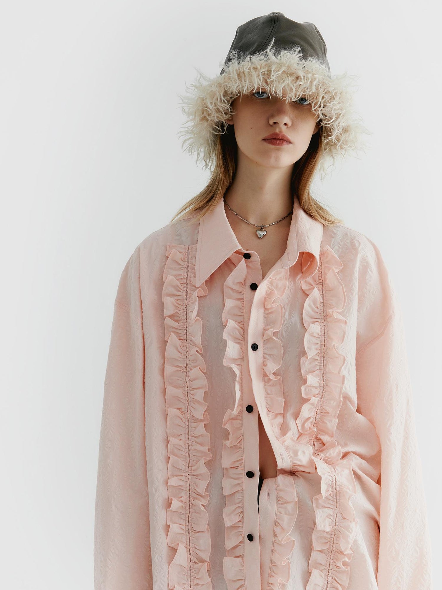 Delivery Textured Ruffle Hem Blouse In Pale Pink