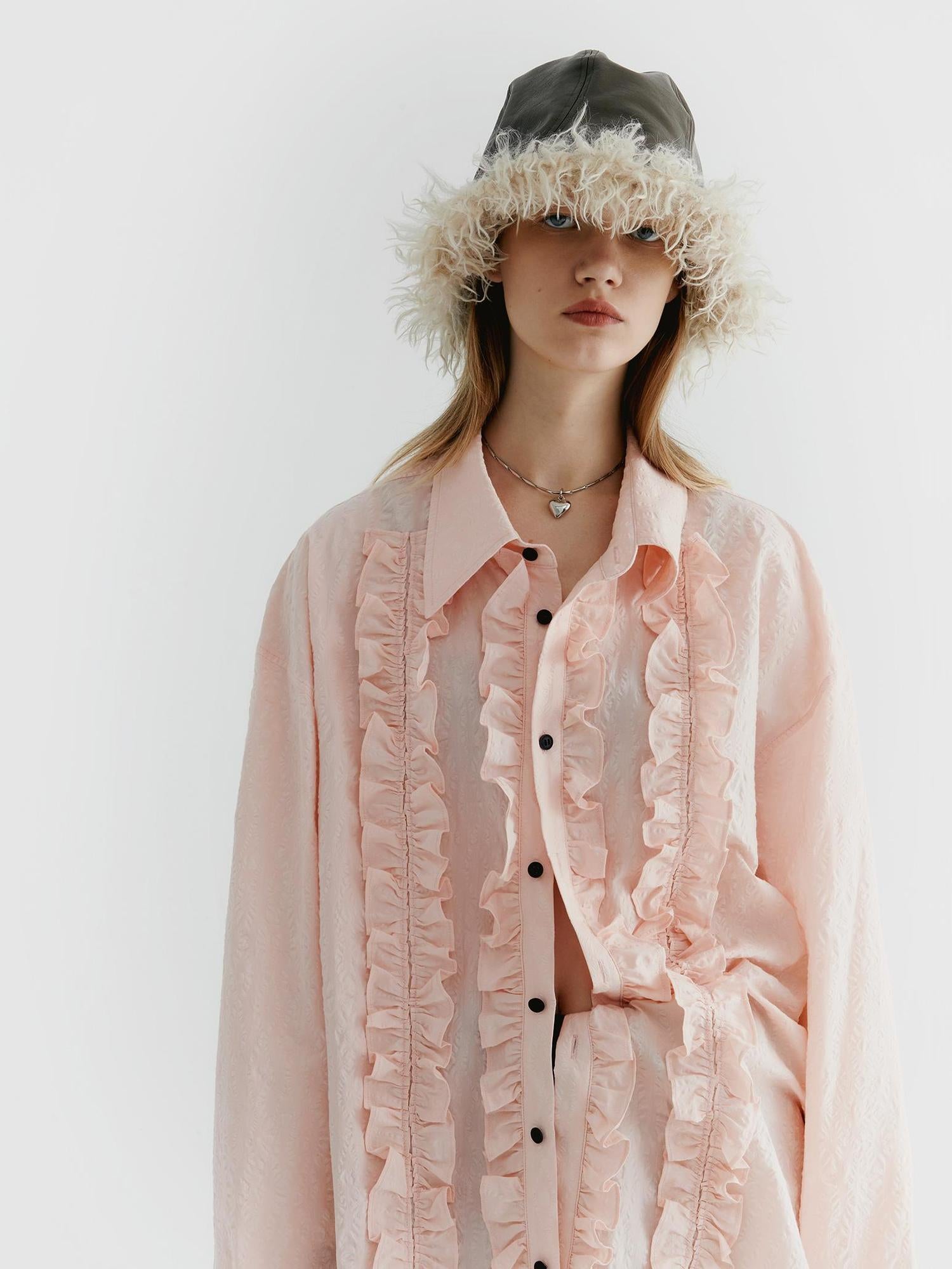 Delivery Textured Ruffle Hem Blouse In Pale Pink