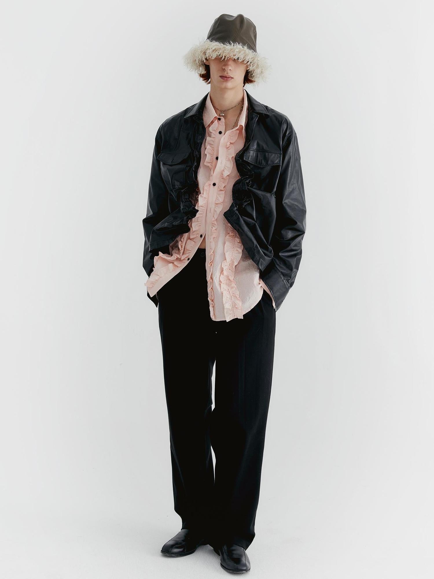 Delivery Textured Ruffle Hem Blouse In Pale Pink