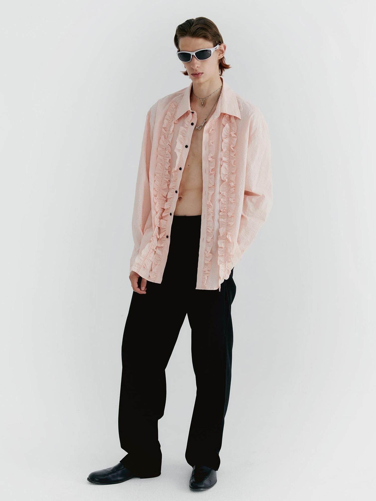 Delivery Textured Ruffle Hem Blouse In Pale Pink