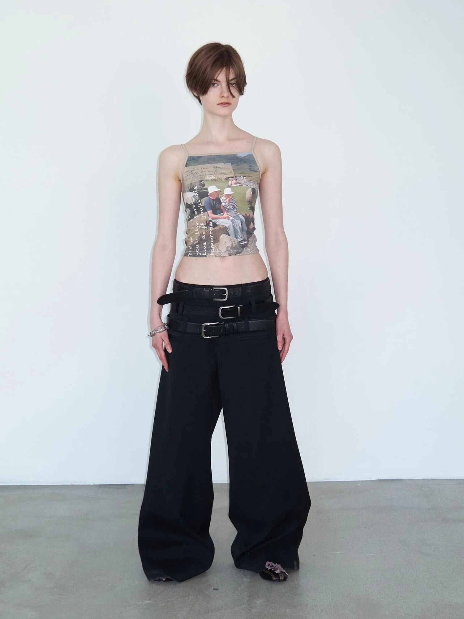 Triple Waist Seam Black Wide Leg Trousers Relaxed Fit