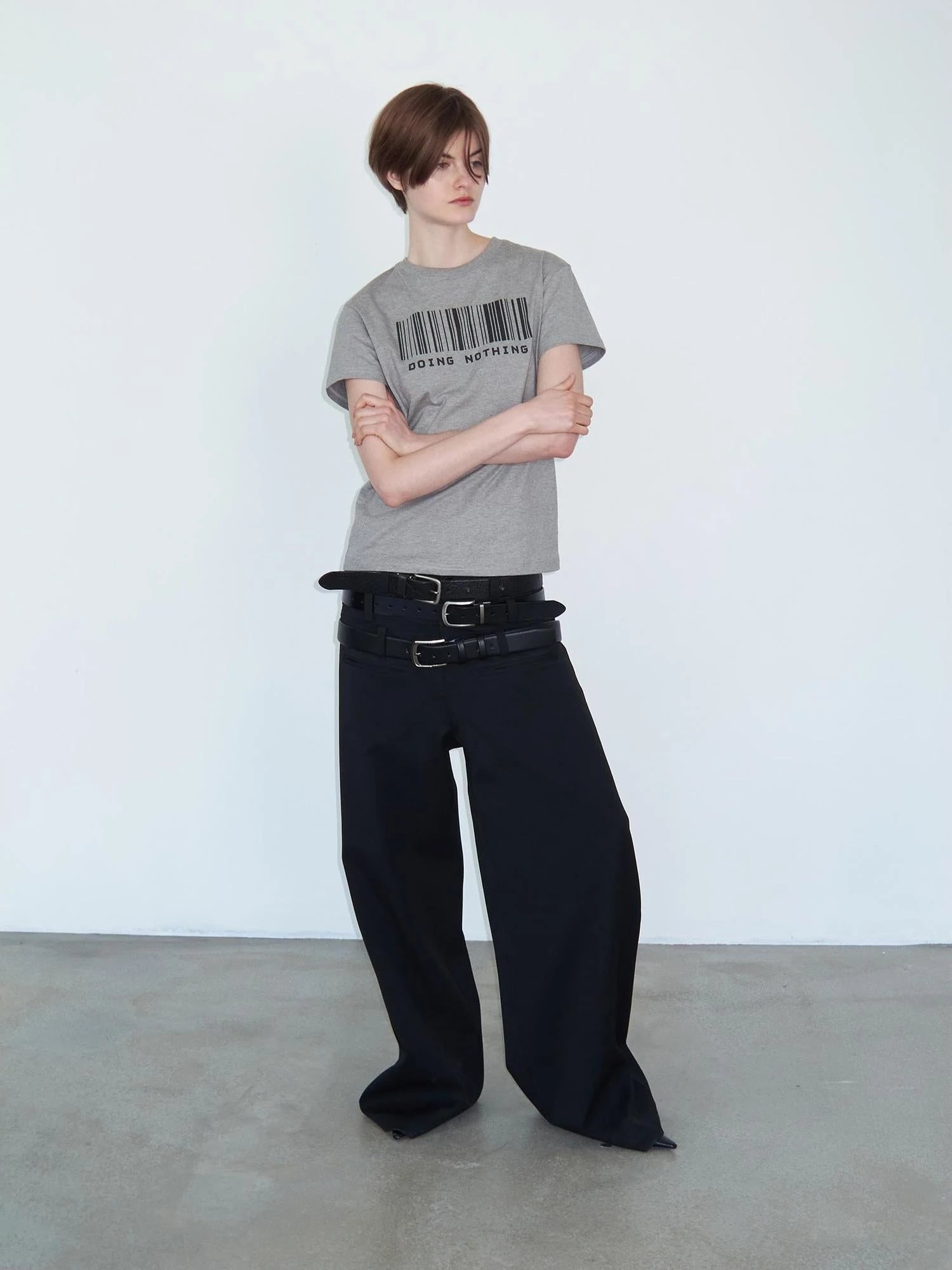 Triple Waist Seam Black Wide Leg Trousers Relaxed Fit