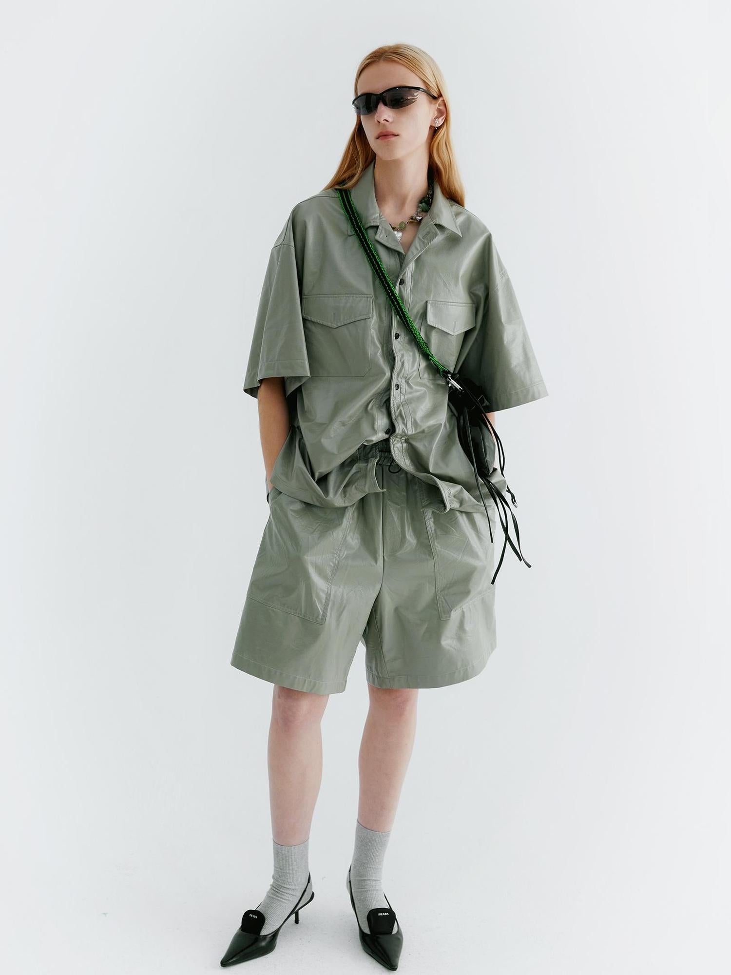 Delivery Twisted Mint Pu Wrinkle V-neck T-shirt Long Sleeve