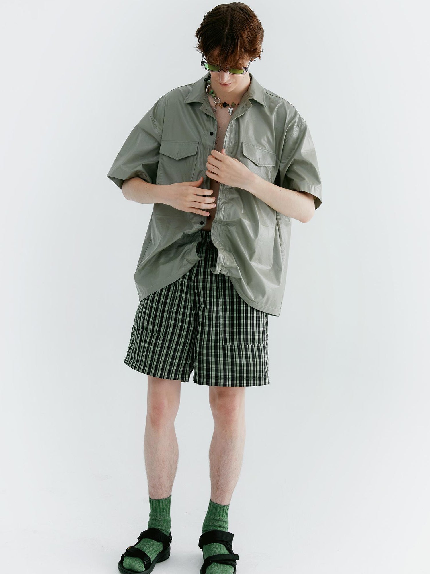 Delivery Twisted Mint Pu Wrinkle V-neck T-shirt Long Sleeve