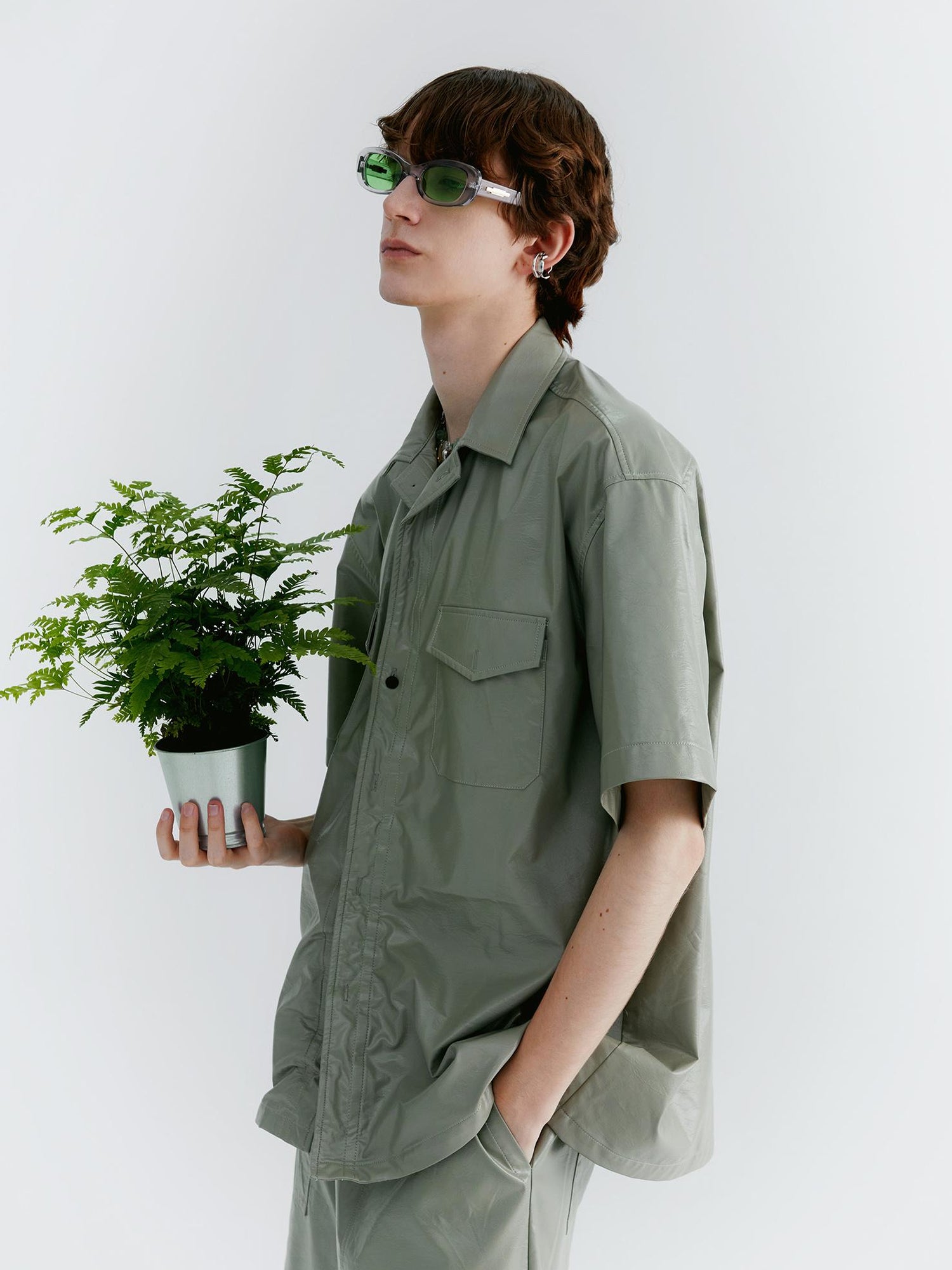 Delivery Twisted Mint Pu Wrinkle V-neck T-shirt Long Sleeve