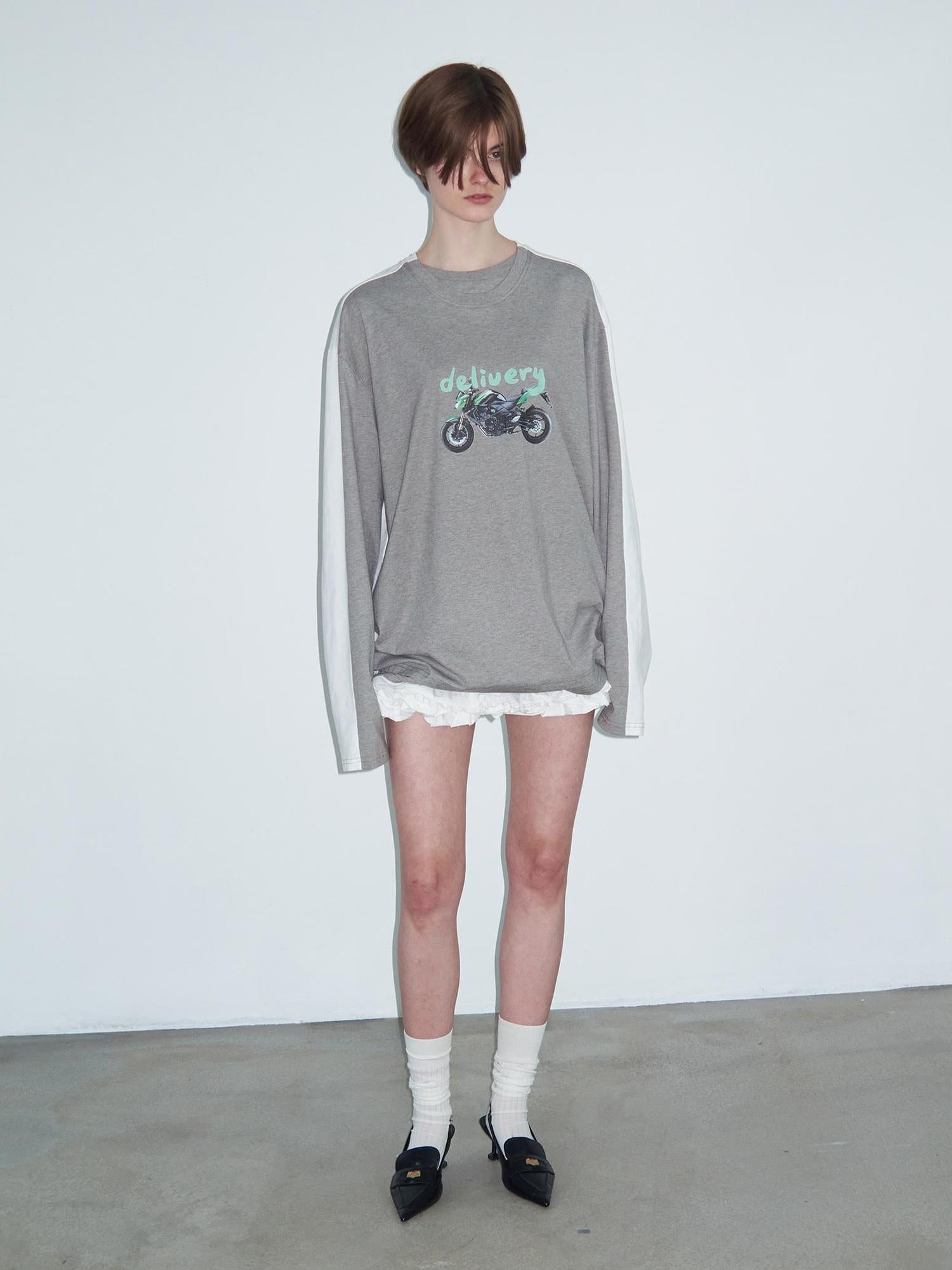 Delivery Two Tone Collar Motorcycle Print Long Sleeve Tee