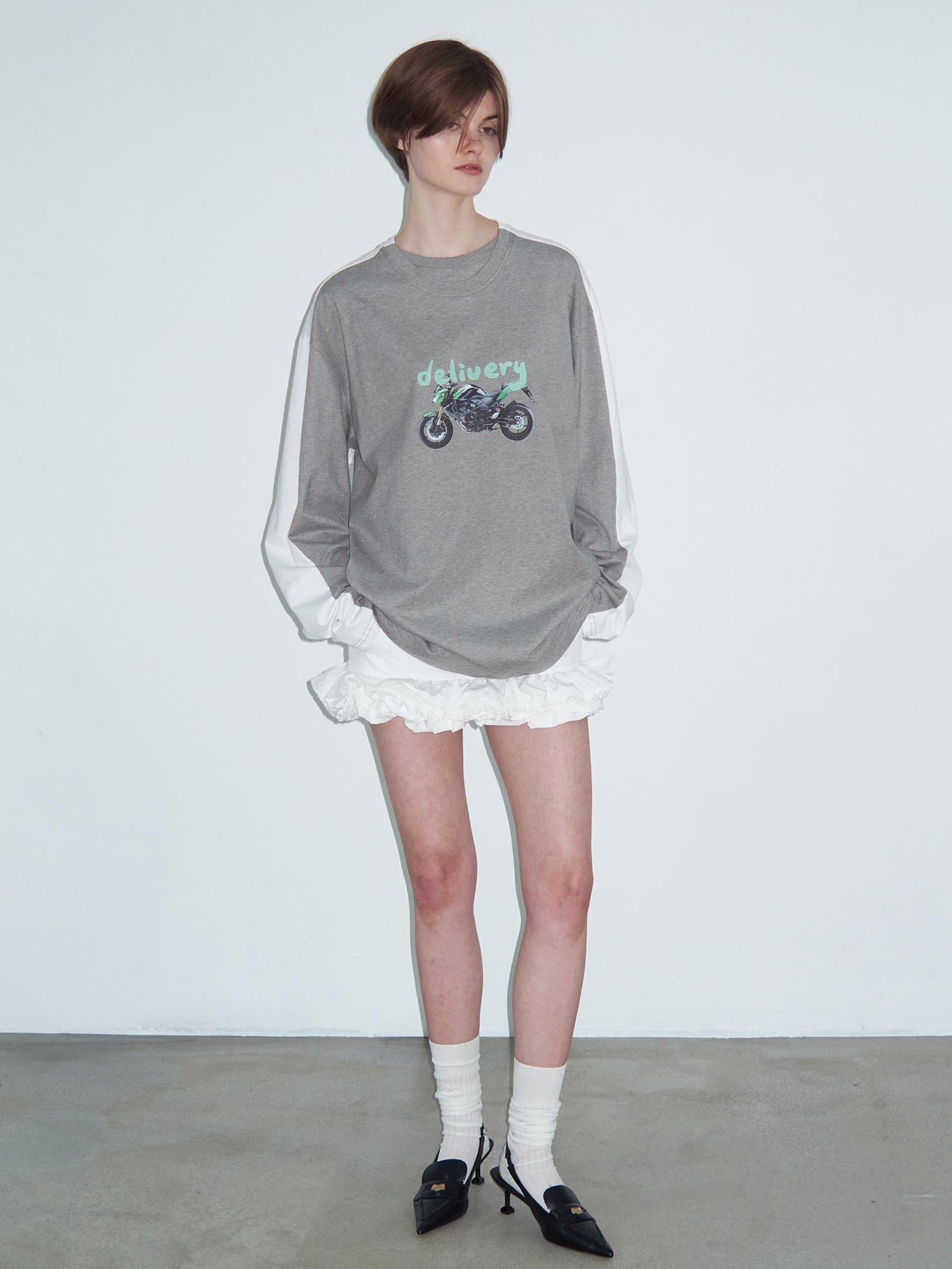 Delivery Two Tone Collar Motorcycle Print Long Sleeve Tee