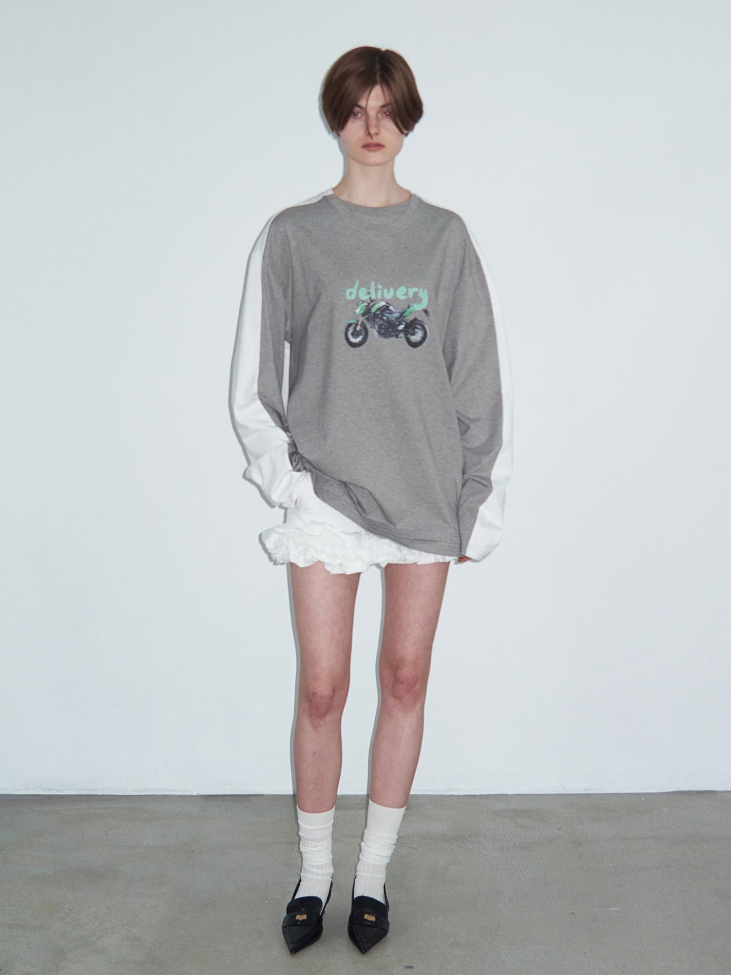 Delivery Two Tone Collar Motorcycle Print Long Sleeve Tee