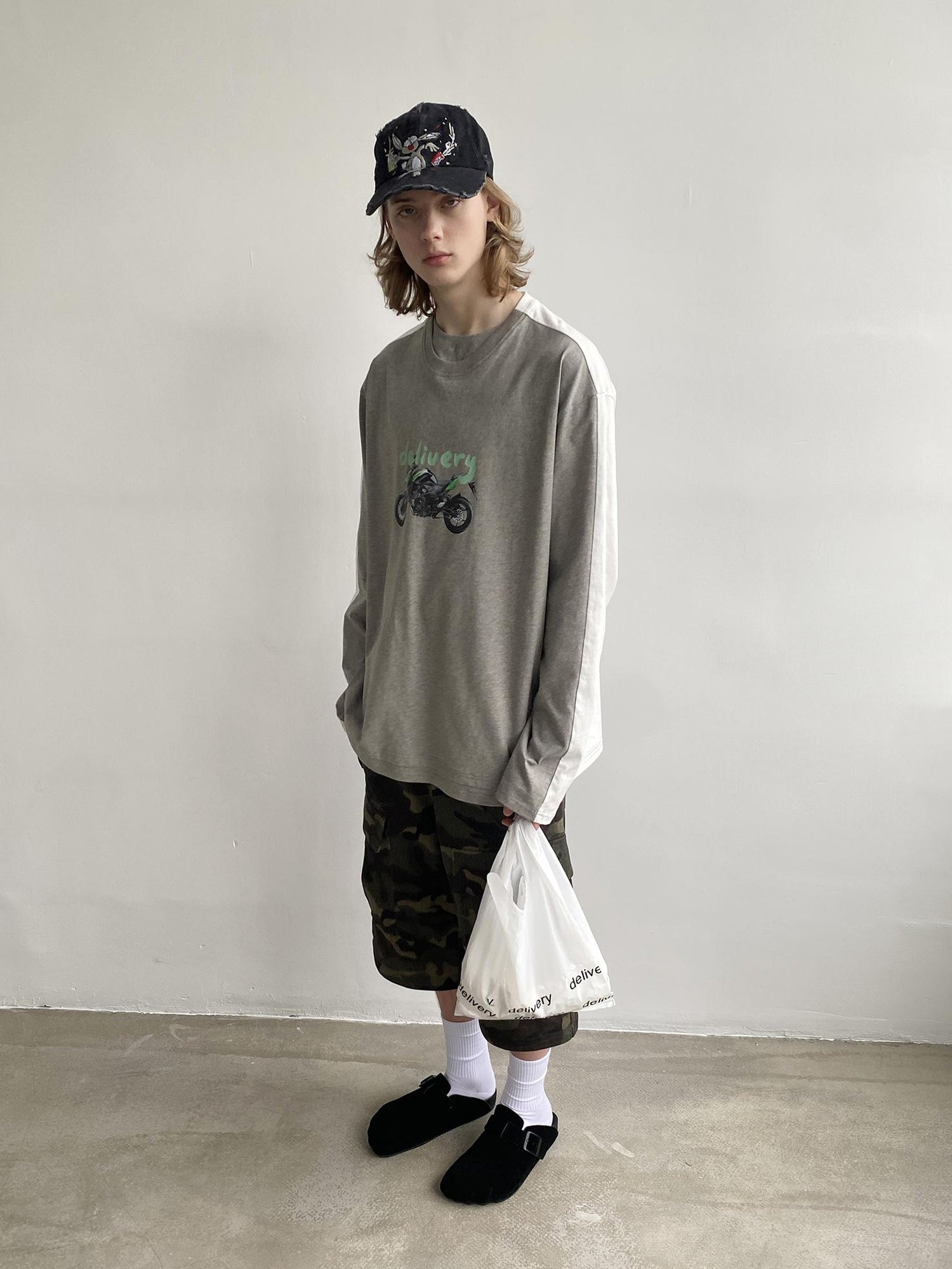 Delivery Two Tone Collar Motorcycle Print Long Sleeve Tee