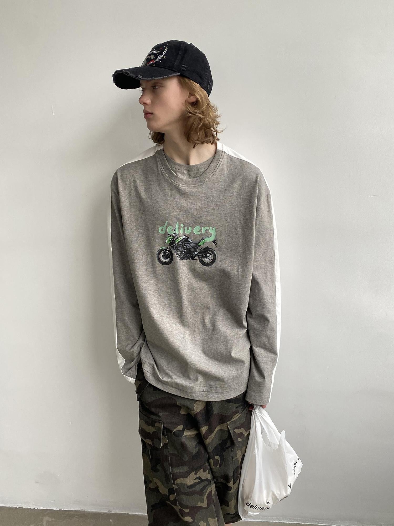 Delivery Two Tone Collar Motorcycle Print Long Sleeve Tee