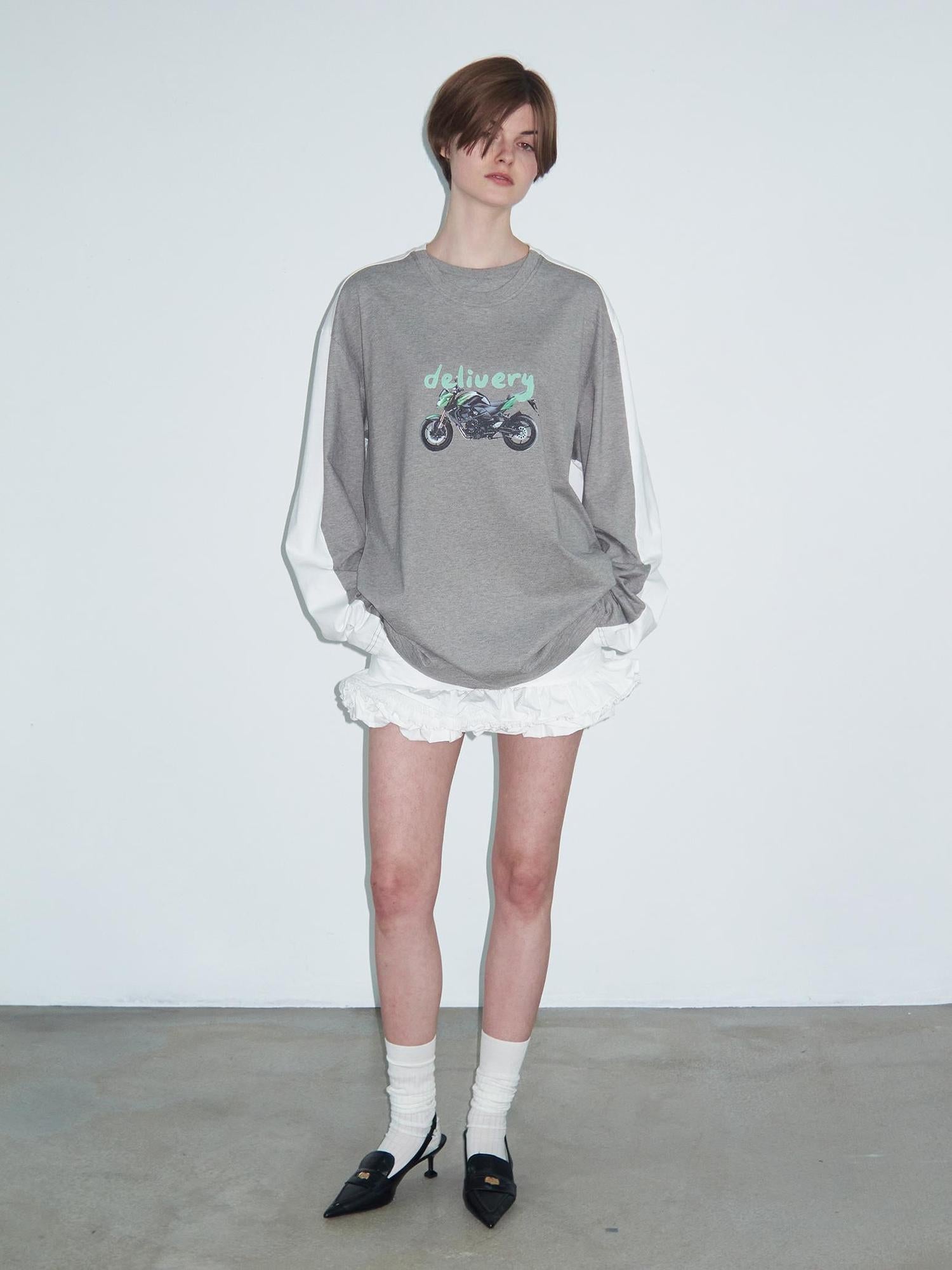 Delivery Two Tone Collar Motorcycle Print Long Sleeve Tee