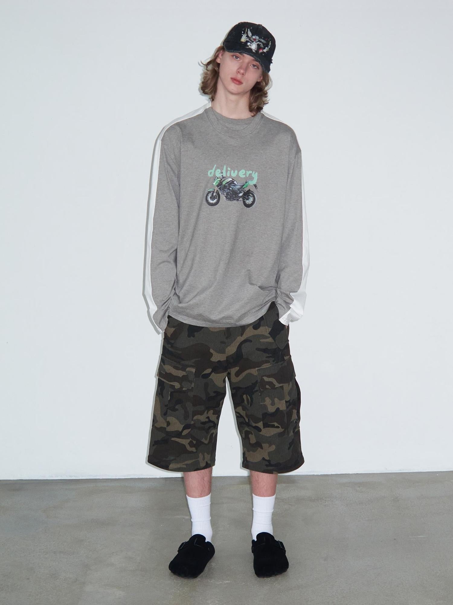 Delivery Two Tone Collar Motorcycle Print Long Sleeve Tee