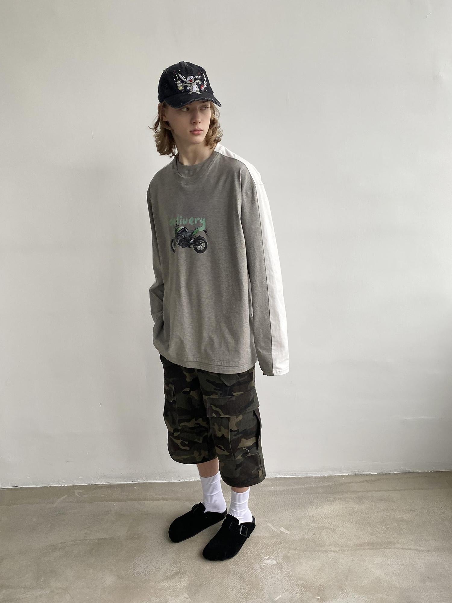 Delivery Two Tone Collar Motorcycle Print Long Sleeve Tee