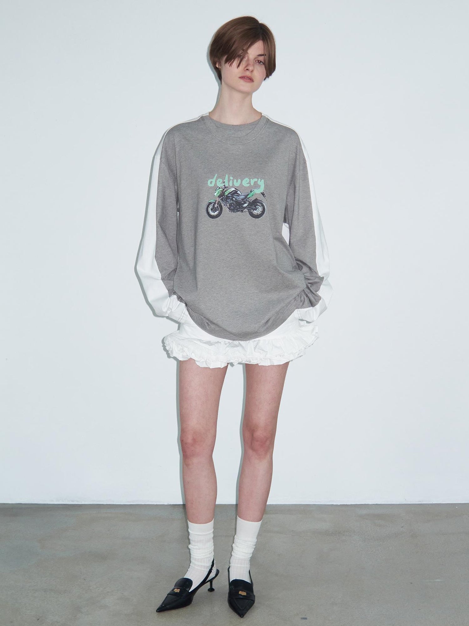 Delivery Two Tone Collar Motorcycle Print Long Sleeve Tee