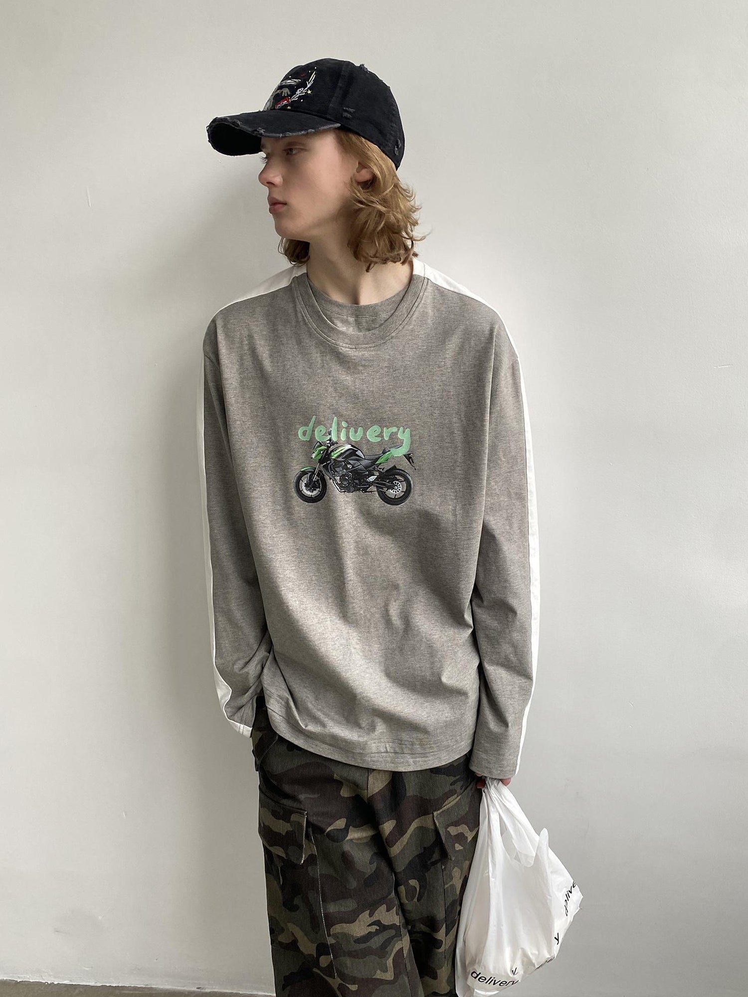 Delivery Two Tone Collar Motorcycle Print Long Sleeve Tee