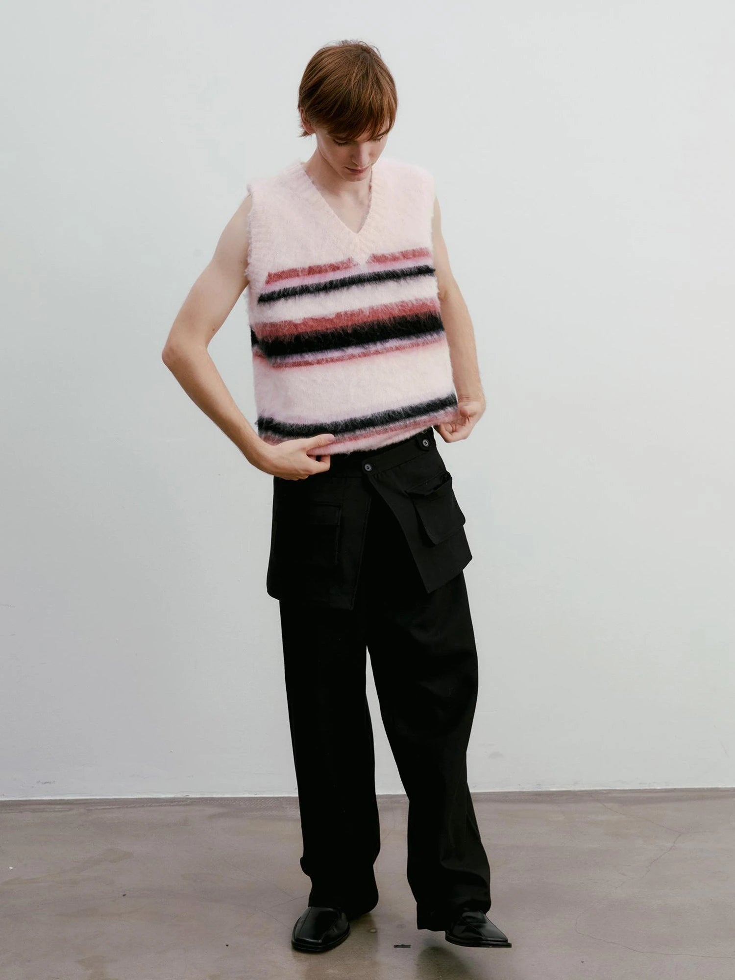 V-neck Cable Knit Wool Vest In Pale Pink Stripes