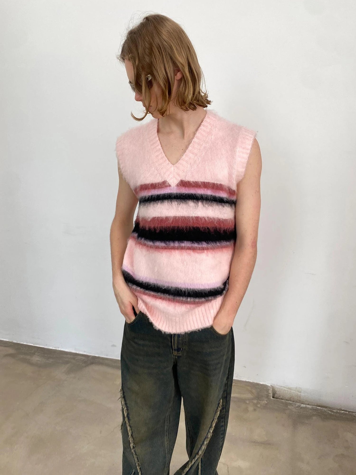 V-neck Cable Knit Wool Vest In Pale Pink Stripes
