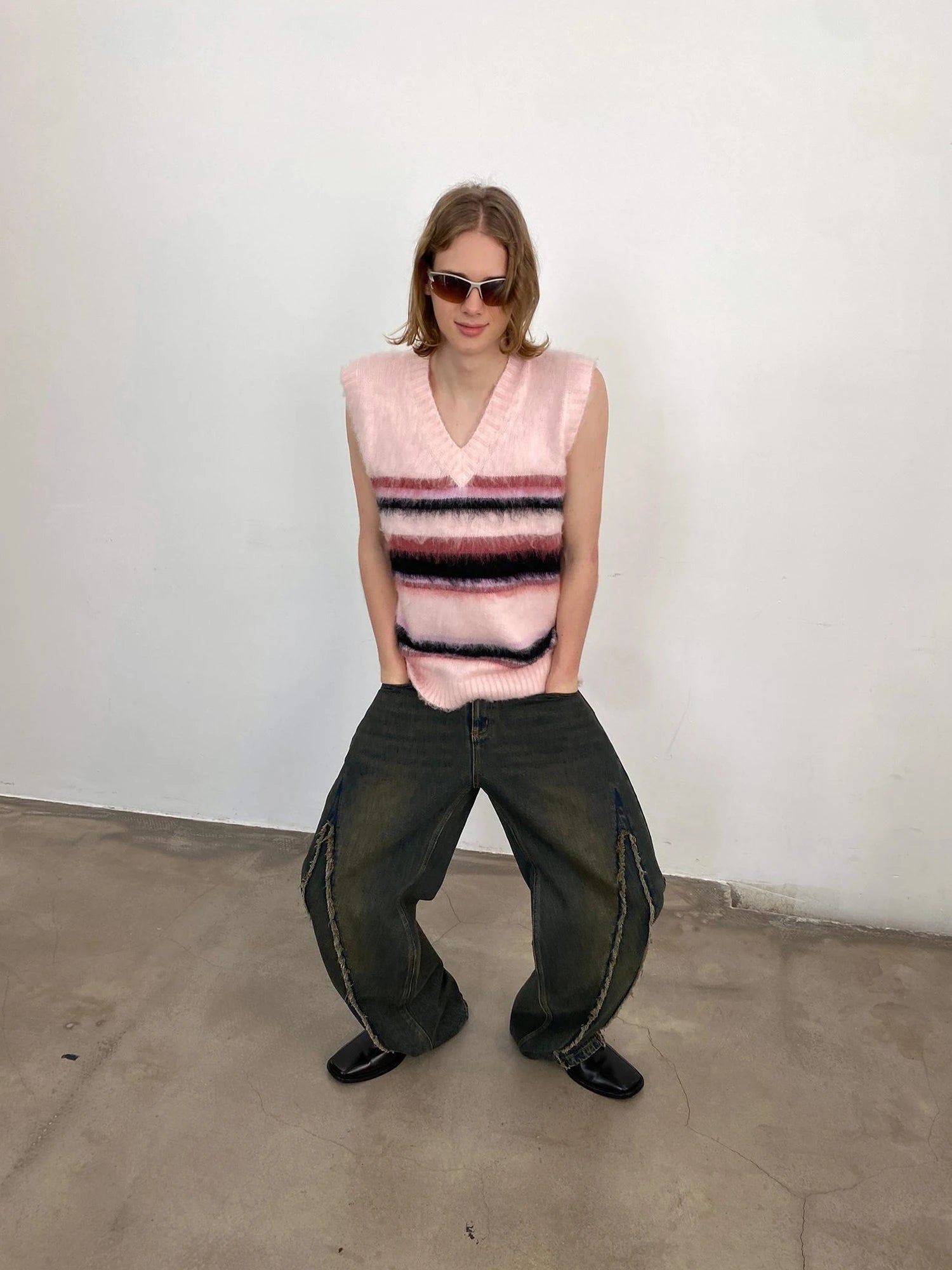 V-neck Cable Knit Wool Vest In Pale Pink Stripes