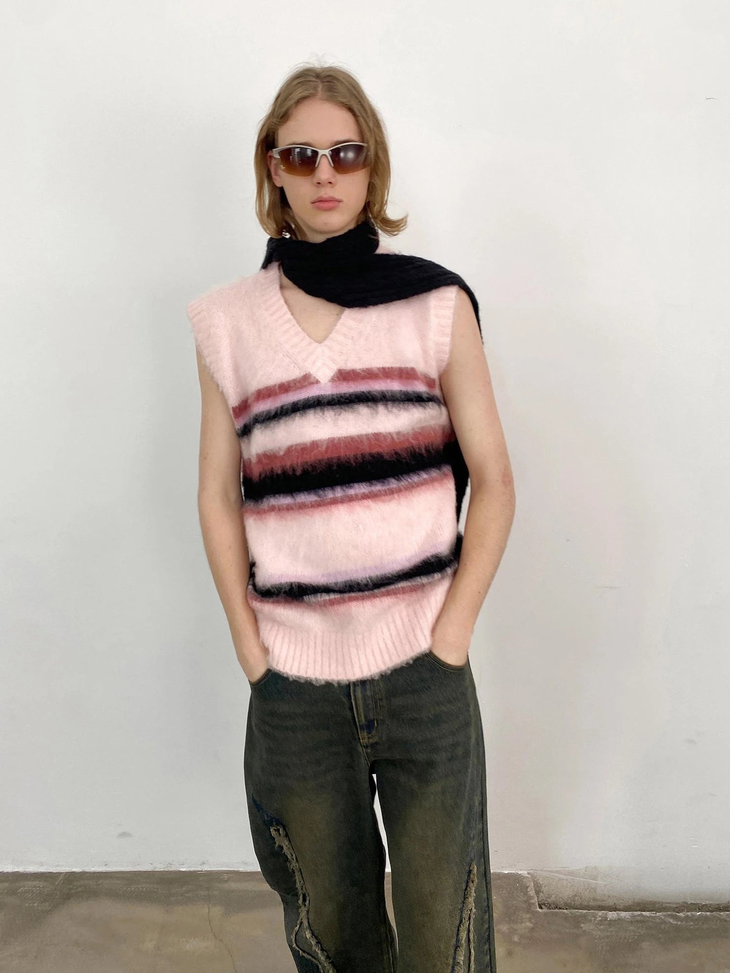 V-neck Cable Knit Wool Vest In Pale Pink Stripes