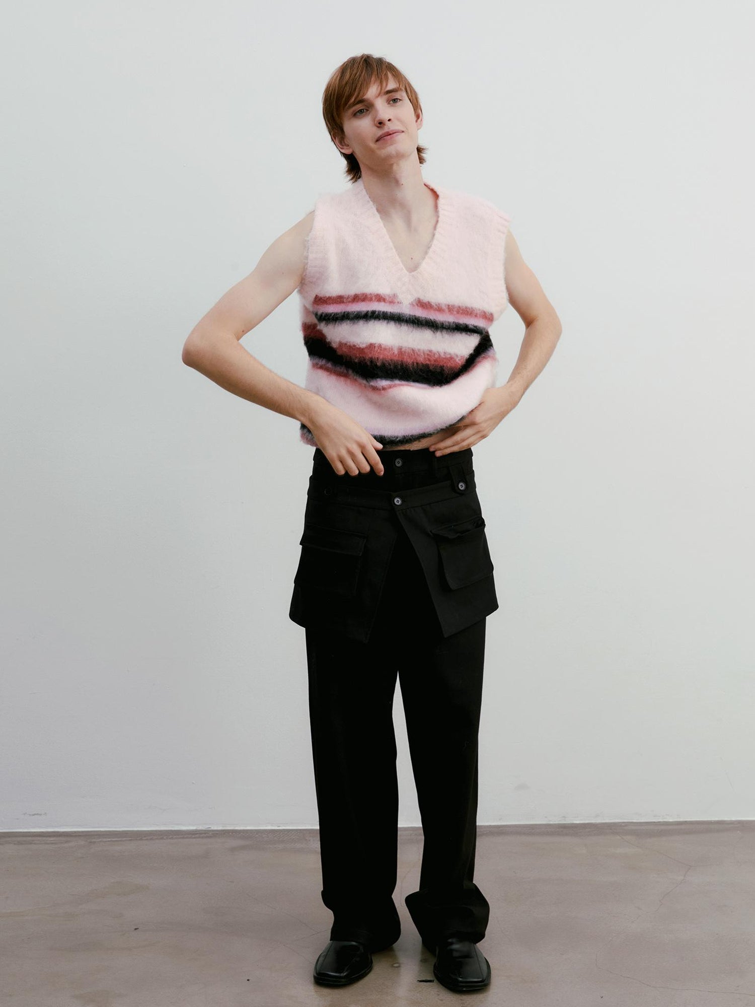 Delivery V-neck Cable Knit Wool Vest In Pale Pink Stripes