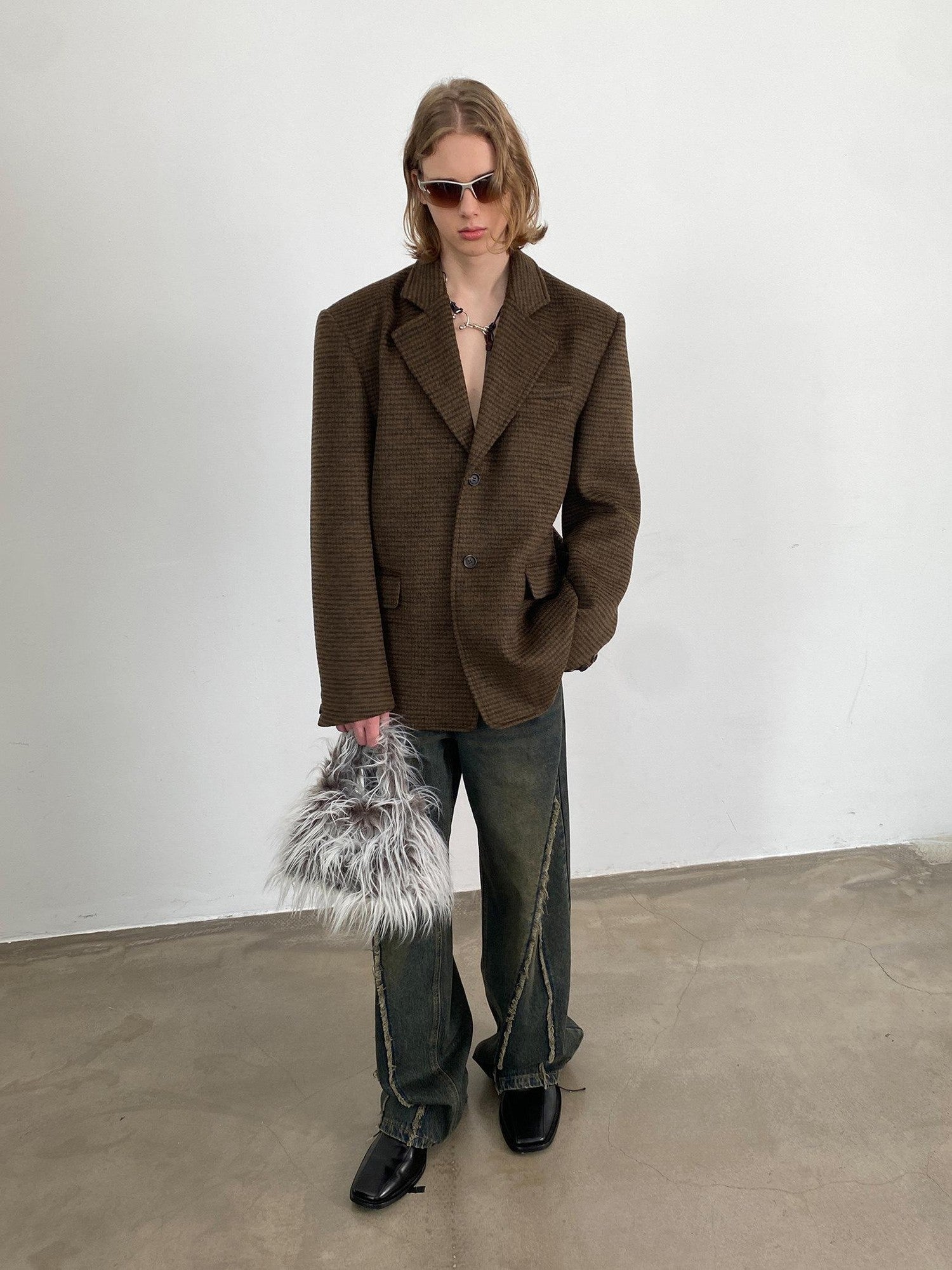Delivery Vintage Brown Fine Check Pleated Women&