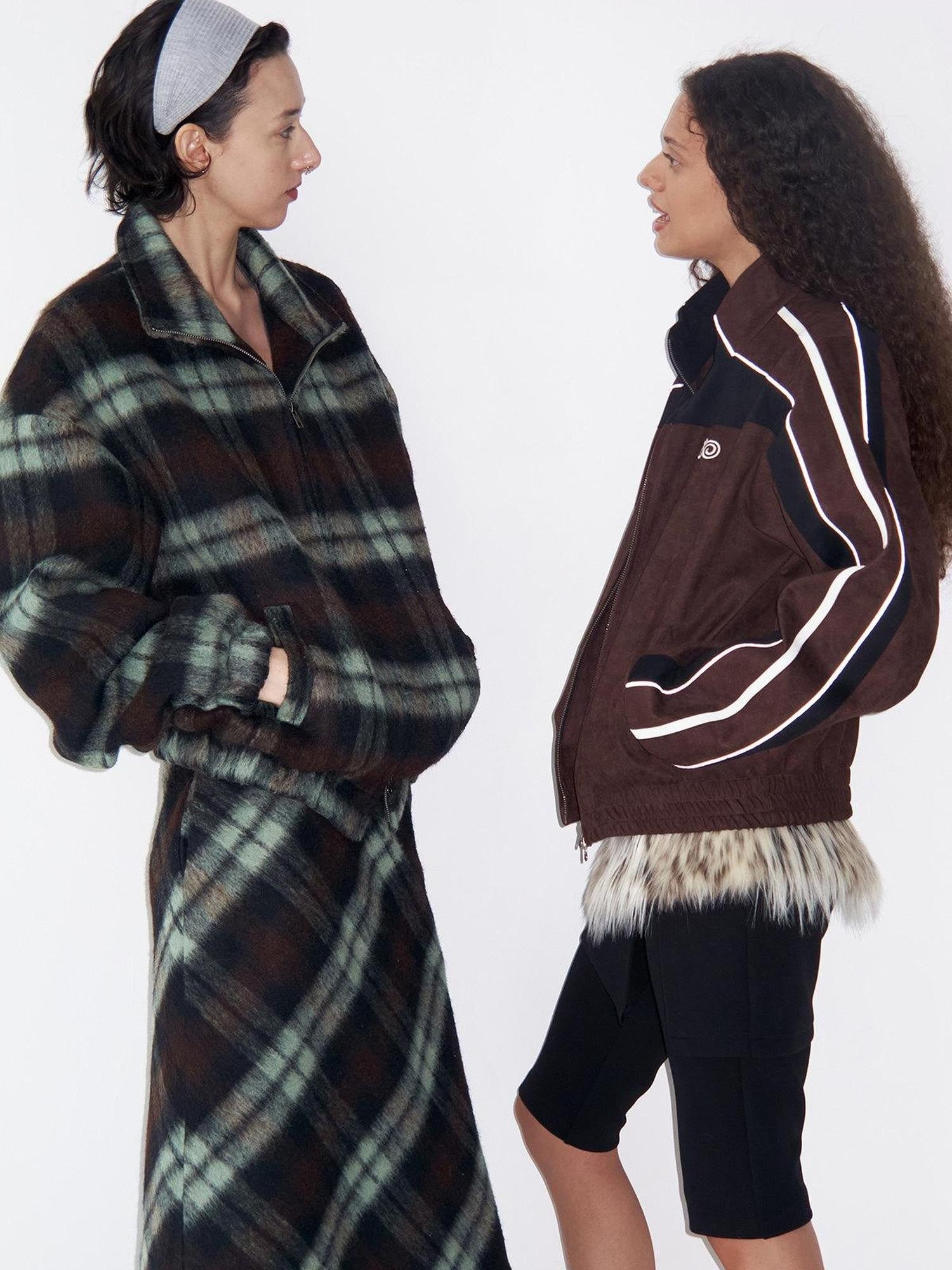 Delivery Vintage Brown Green Plaid Zip Jacket Straight Skirt Women&