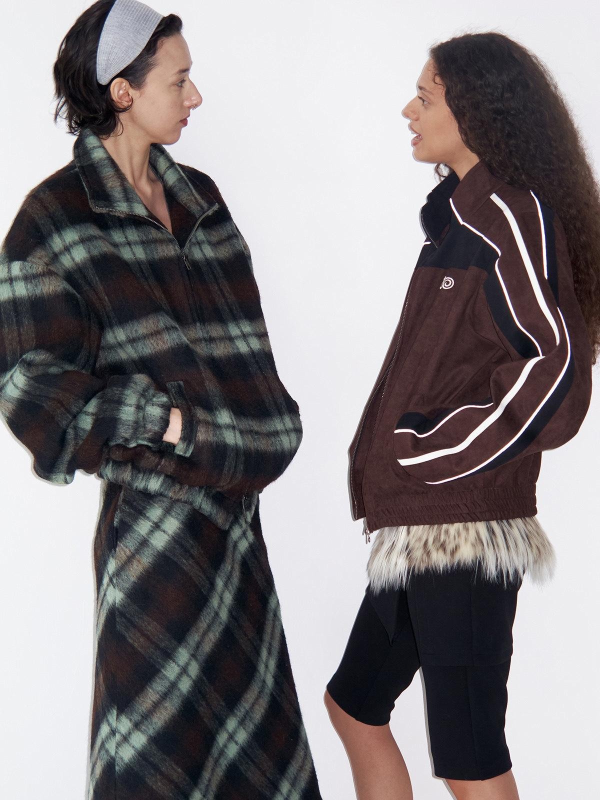 Delivery Vintage Brown Green Plaid Zip Jacket Straight Skirt Women&