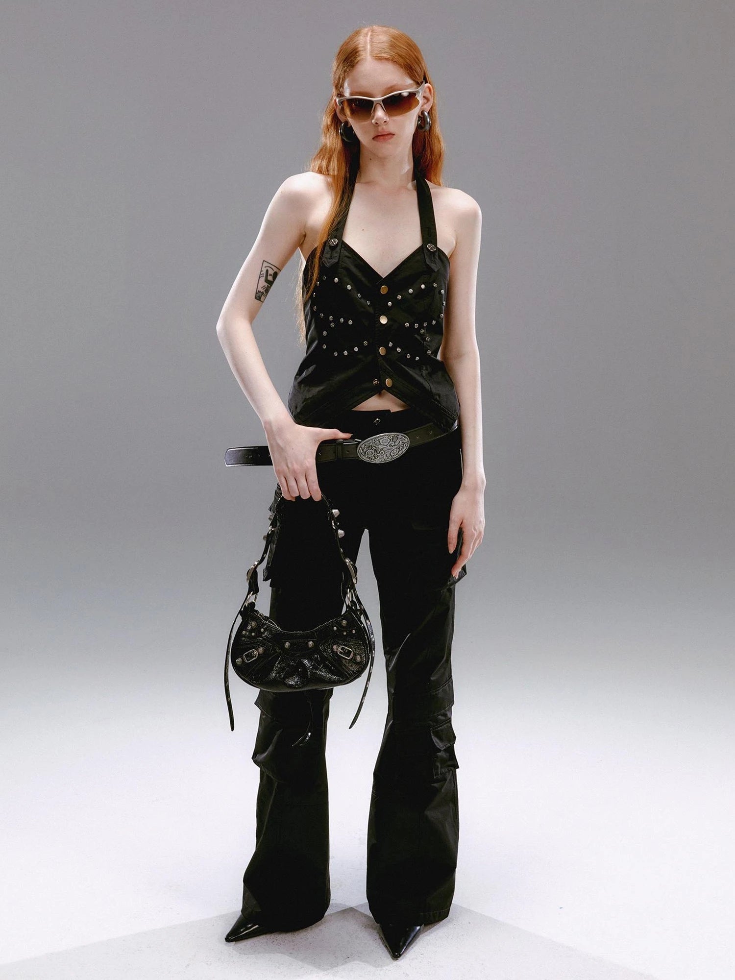 Vintage Butterfly Rivet Black Halter Top Sleeveless Bustier Vest