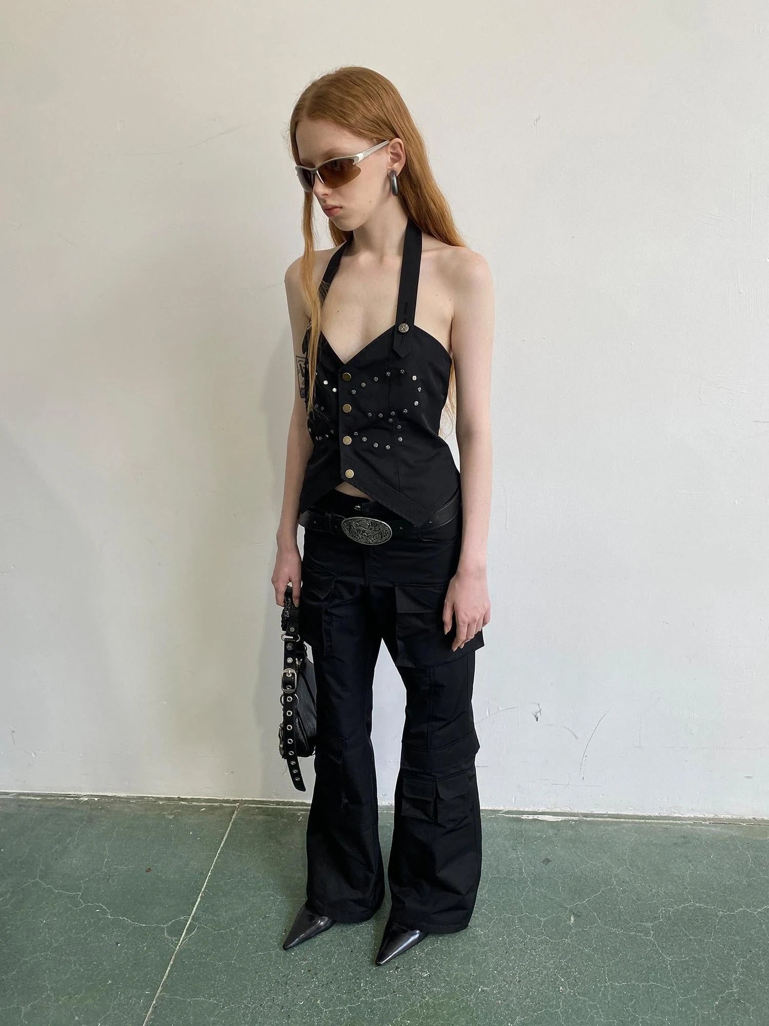 Vintage Butterfly Rivet Black Halter Top Sleeveless Bustier Vest