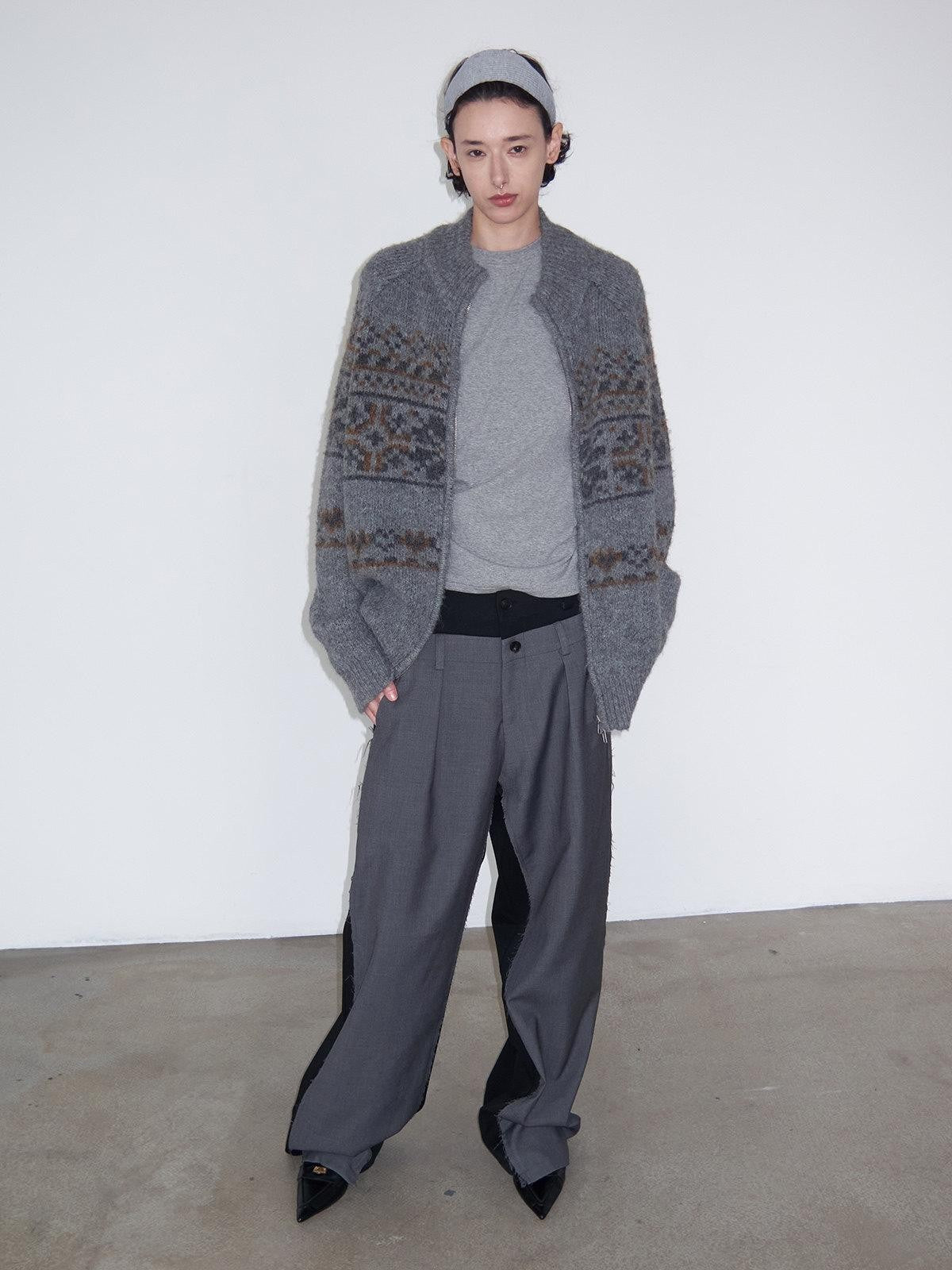 Delivery Vintage Gray Fair Isle Jacquard Loose Fit Zip Front Longsleeve Women&
