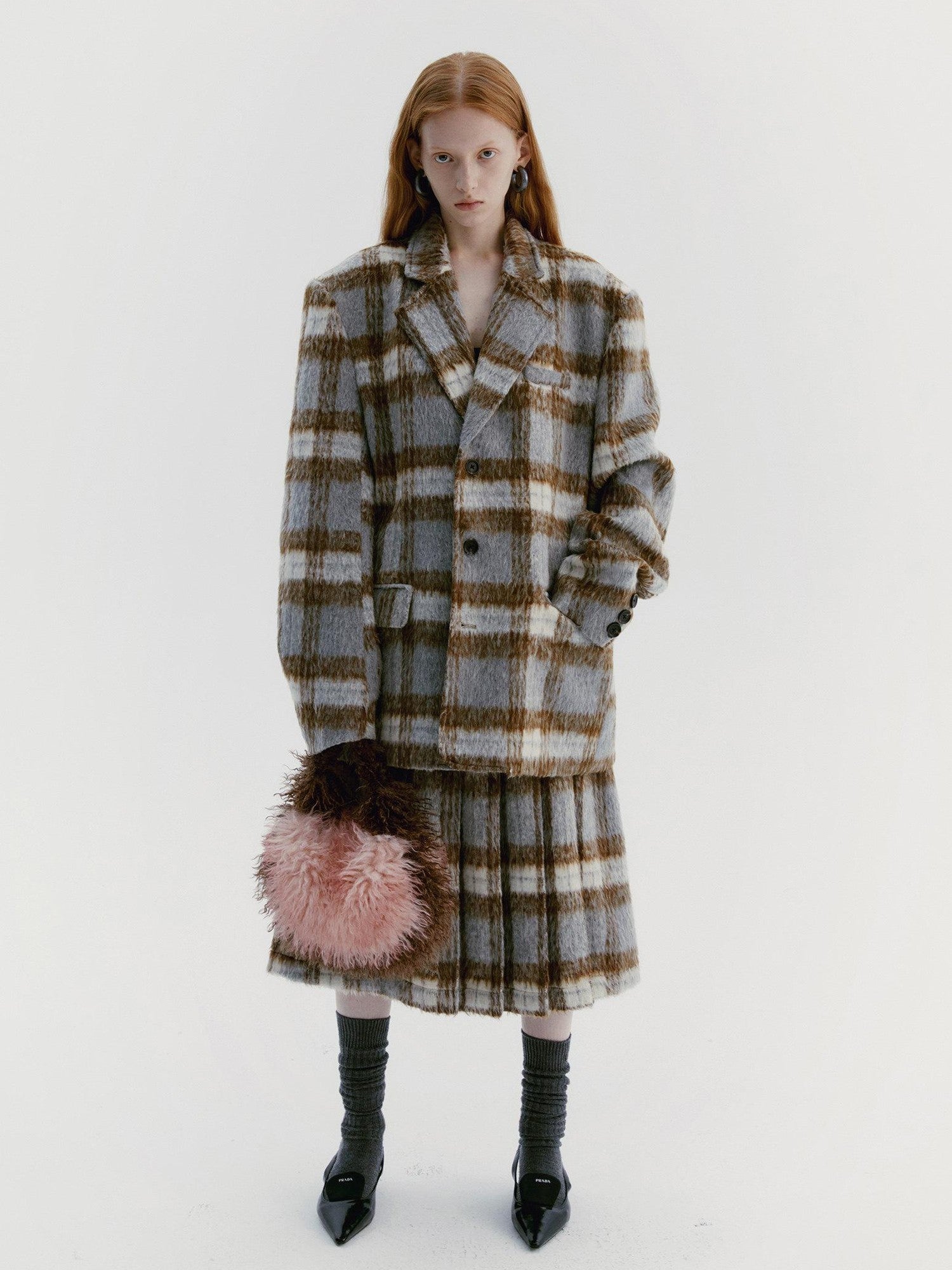 Delivery Vintage Grey Plaid Pleated Asymmetrical Women&