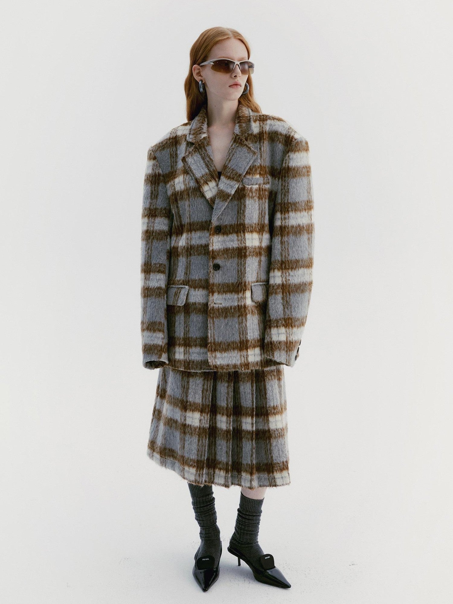 Delivery Vintage Grey Plaid Pleated Asymmetrical Women&