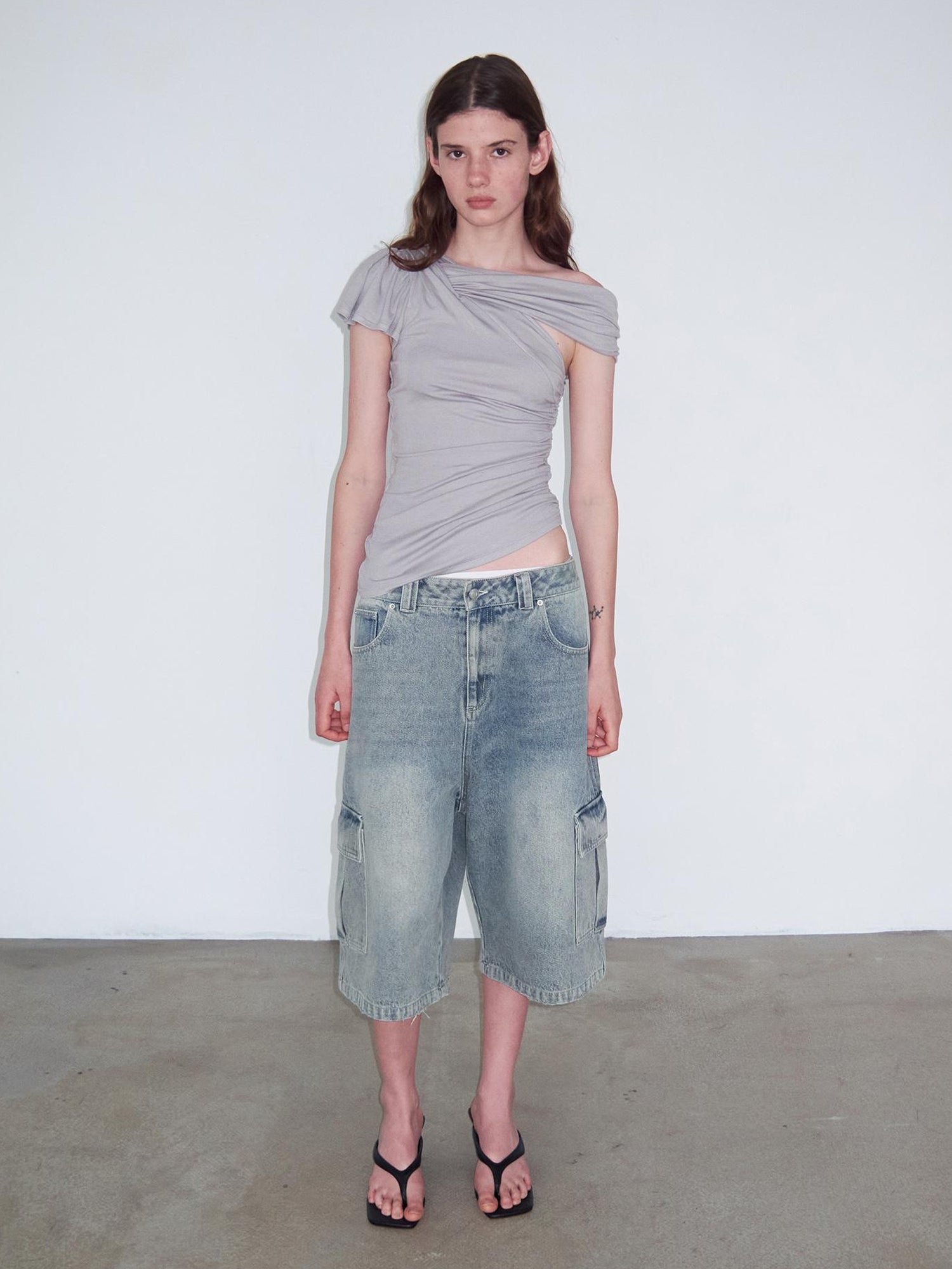 Delivery Vintage Light Blue Washed Denim Cargo Shorts Unisex