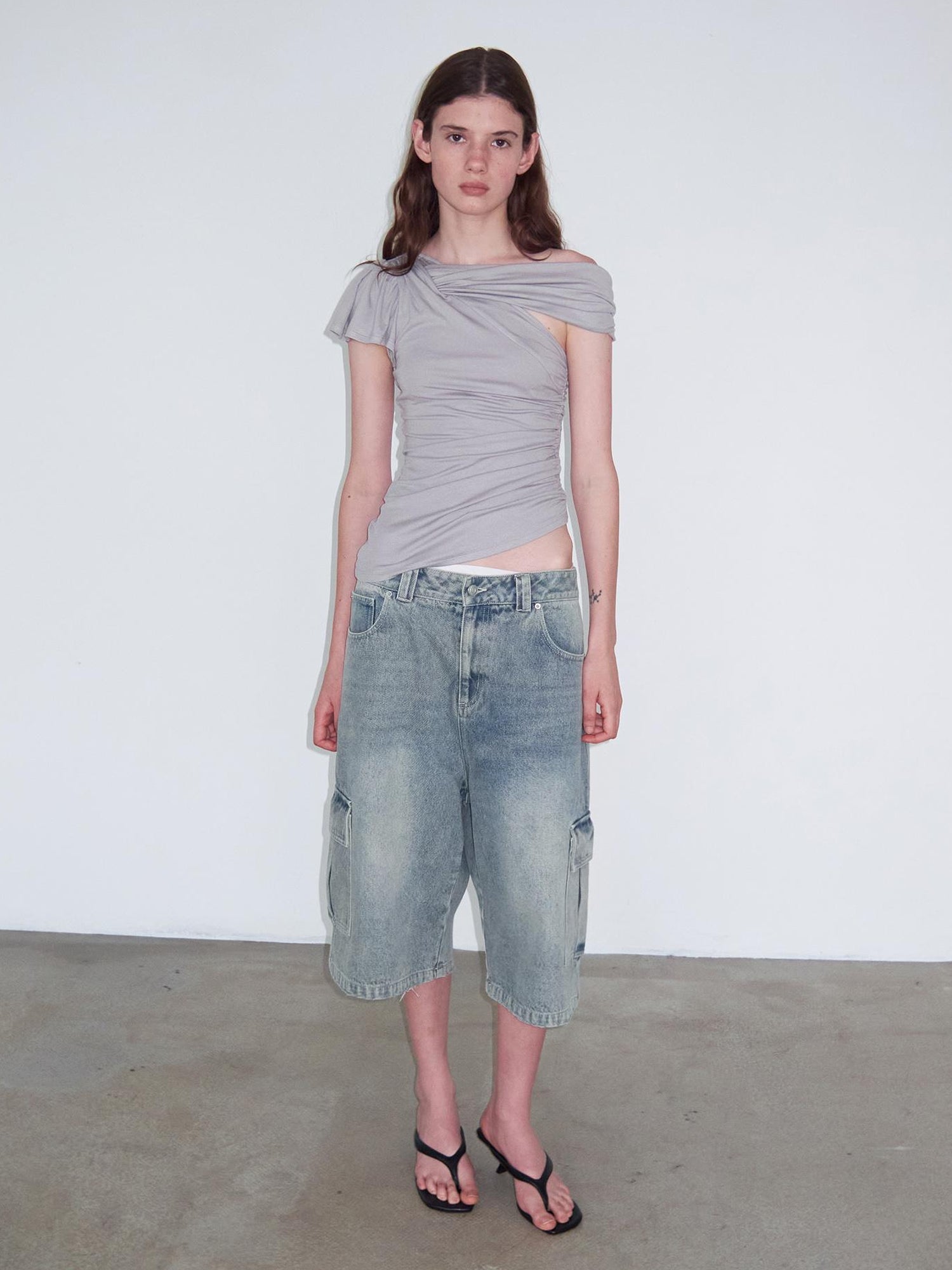 Delivery Vintage Light Blue Washed Denim Cargo Shorts Unisex