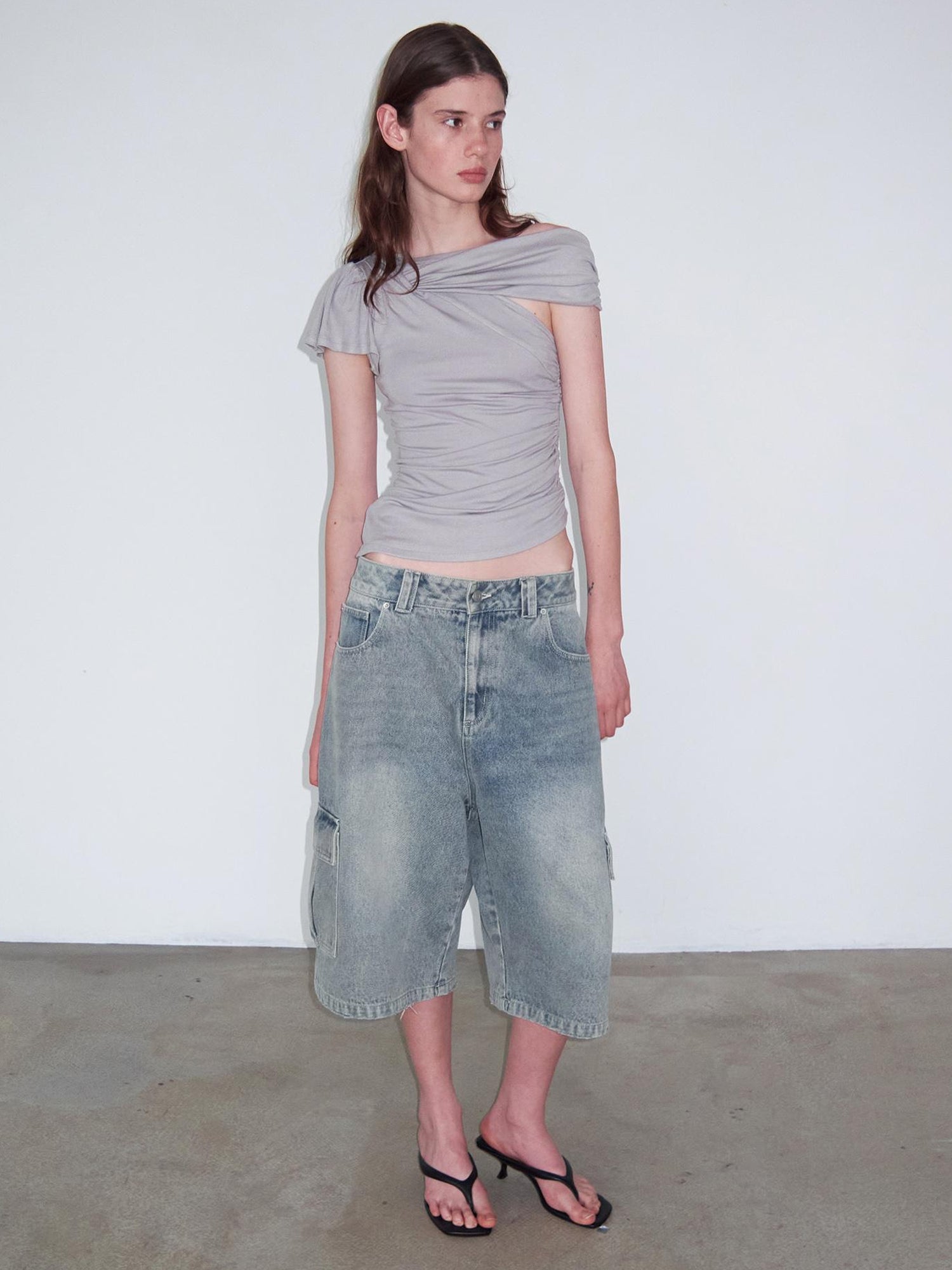 Delivery Vintage Light Blue Washed Denim Cargo Shorts Unisex